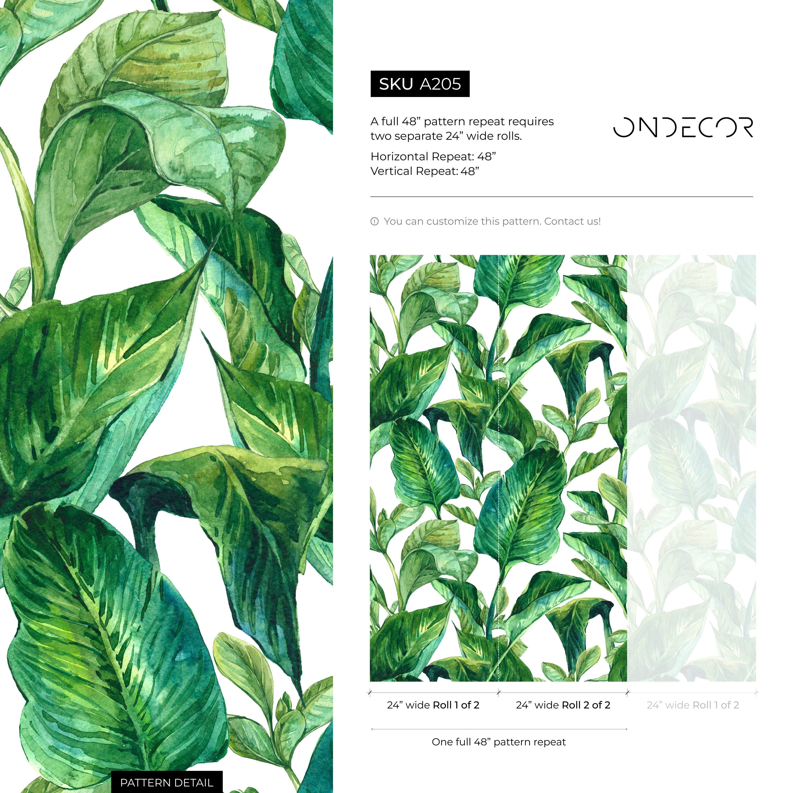 Botanical Wallpaper Featuring Watercolor Tropical Leaves In Green - A205