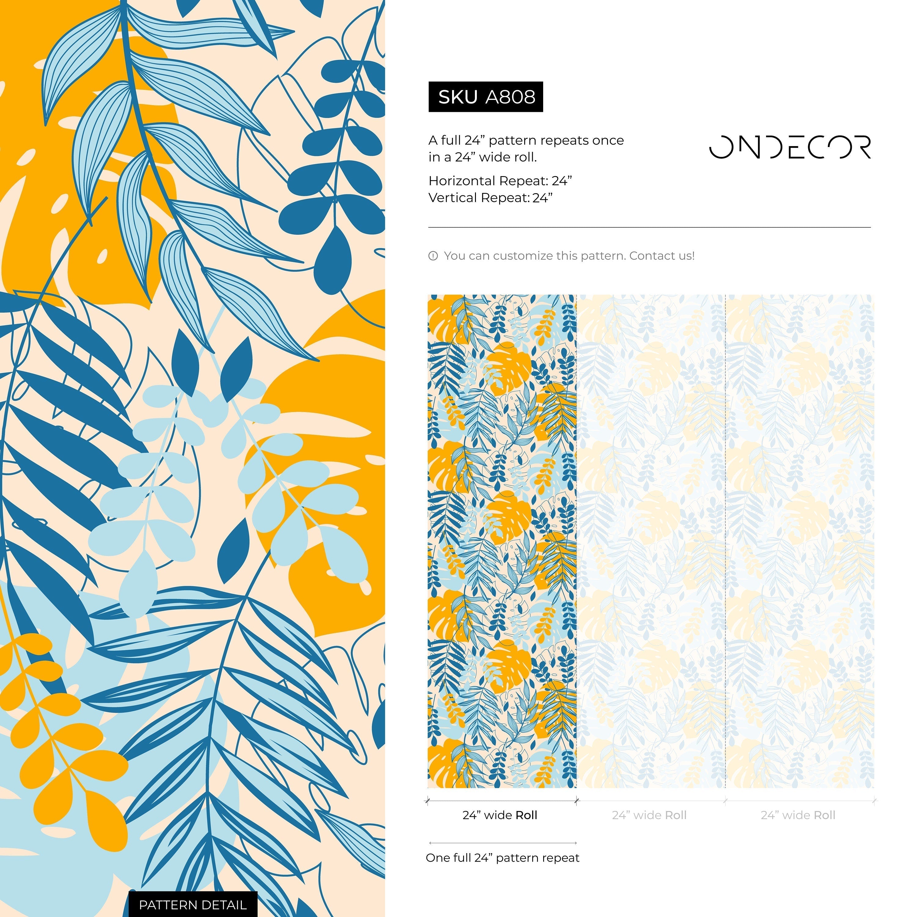 Tropical Wallpaper With A Boho Leaf Motif In Yellow And Blue - A808