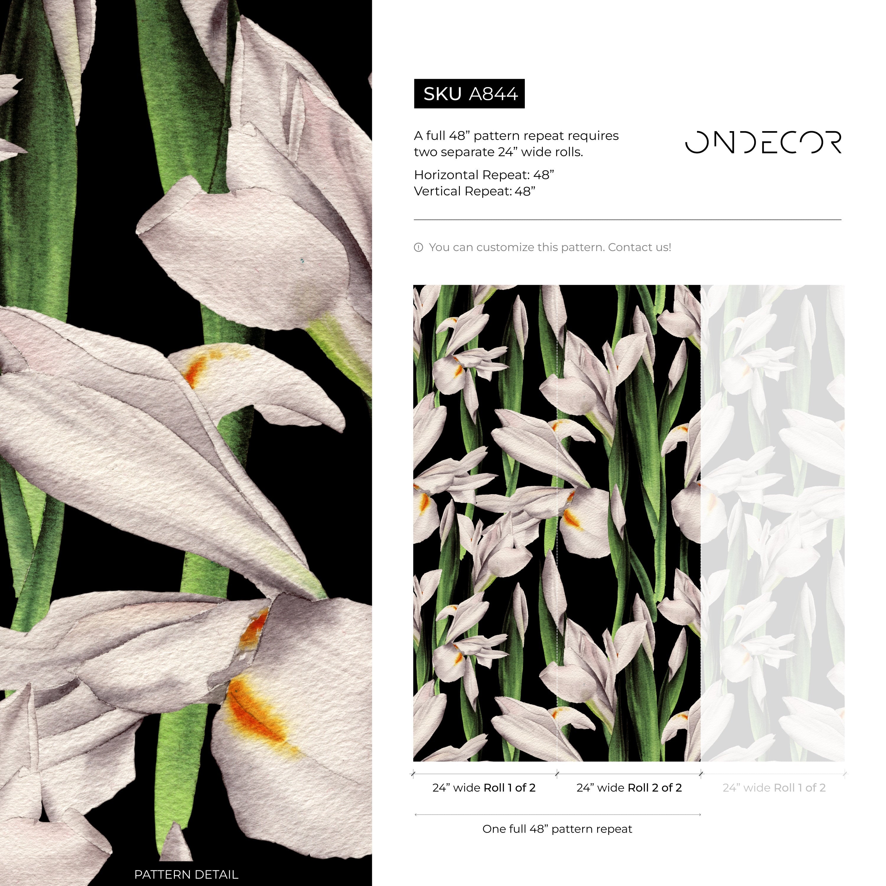 Floral Wallpaper Featuring Watercolor Irises In Black, White, And Green - A844