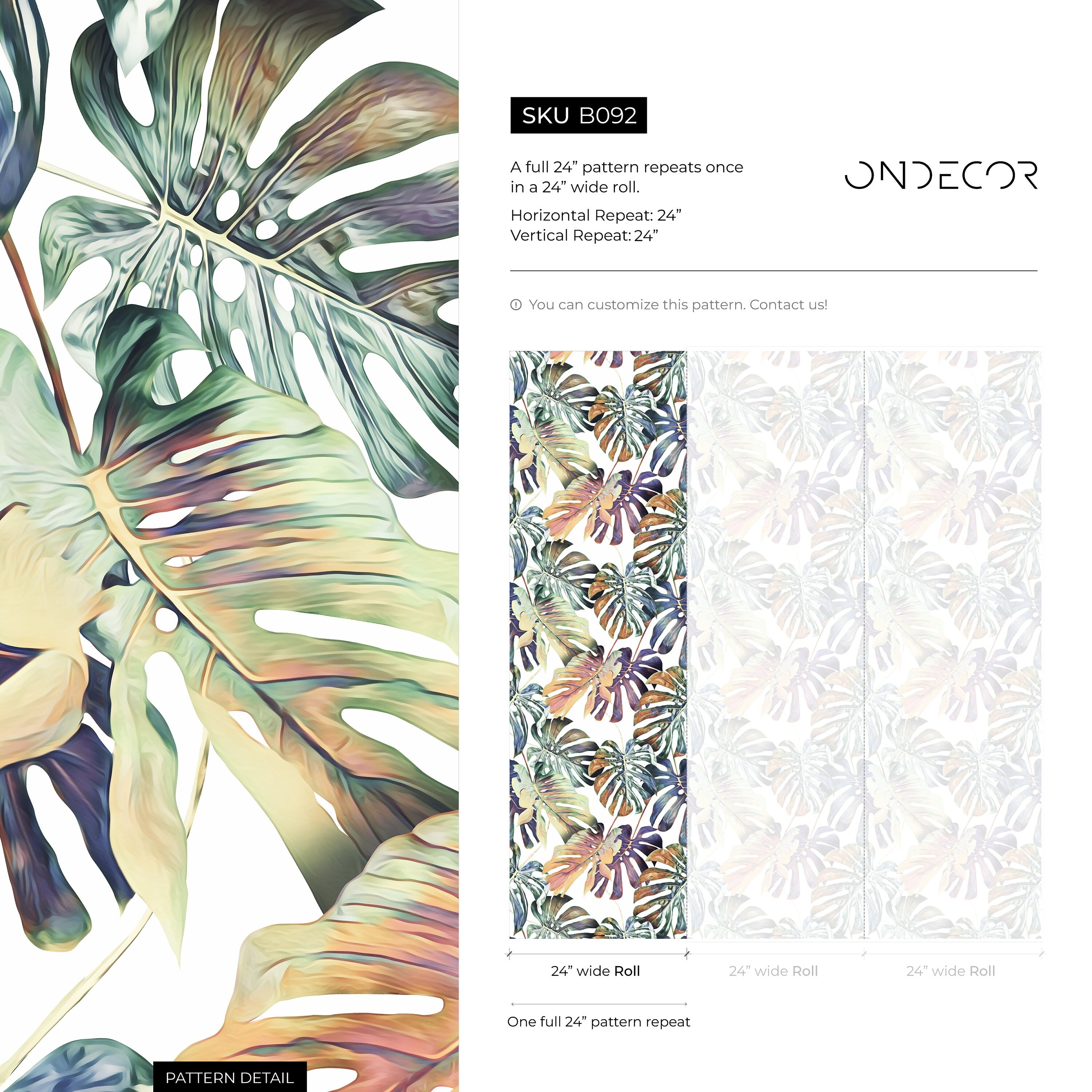 Botanical Wallpaper With Painterly Monstera Leaves In Green, Blue, And Orange - B092