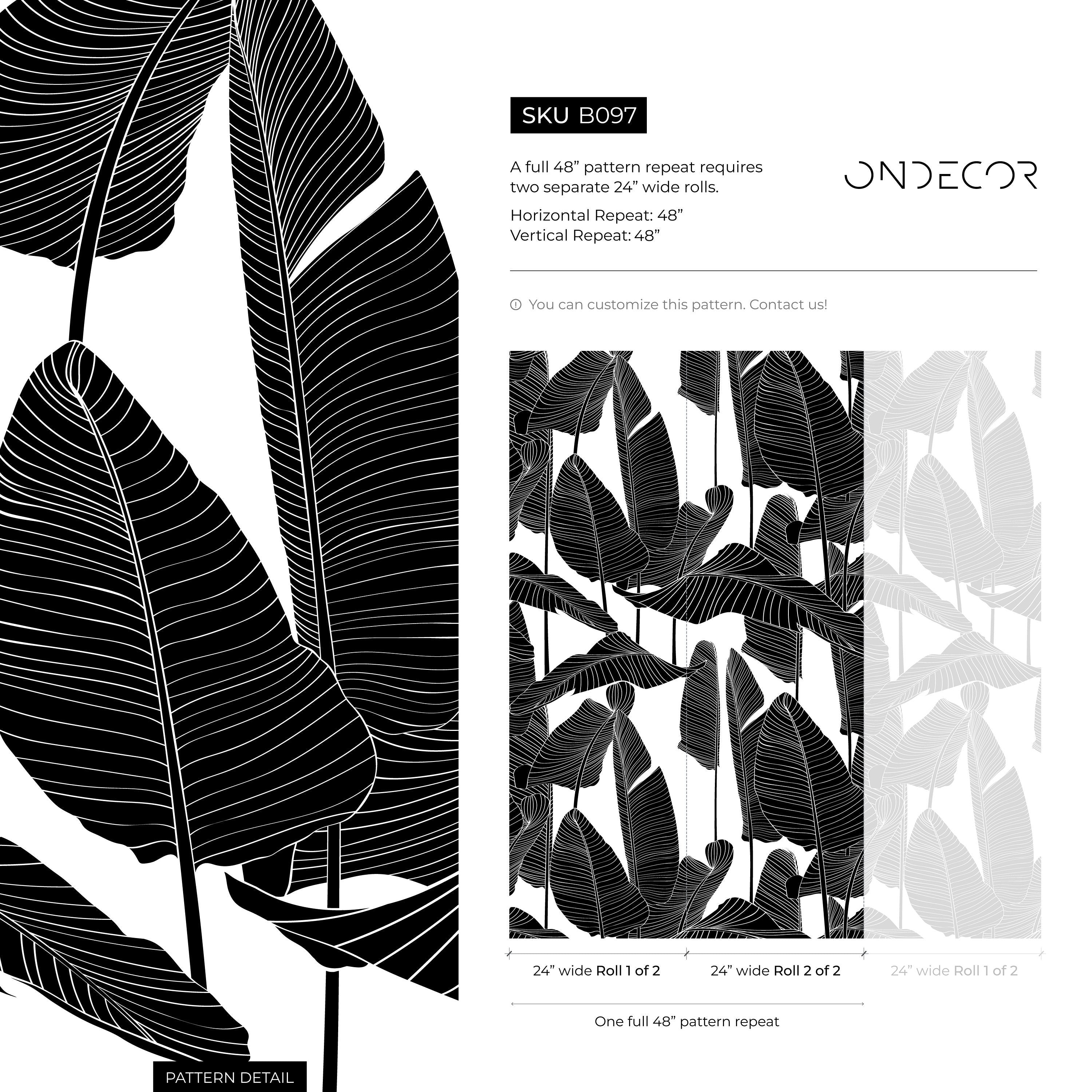 Botanical Wallpaper Featuring Bold Banana Leaves In Black And White - B097