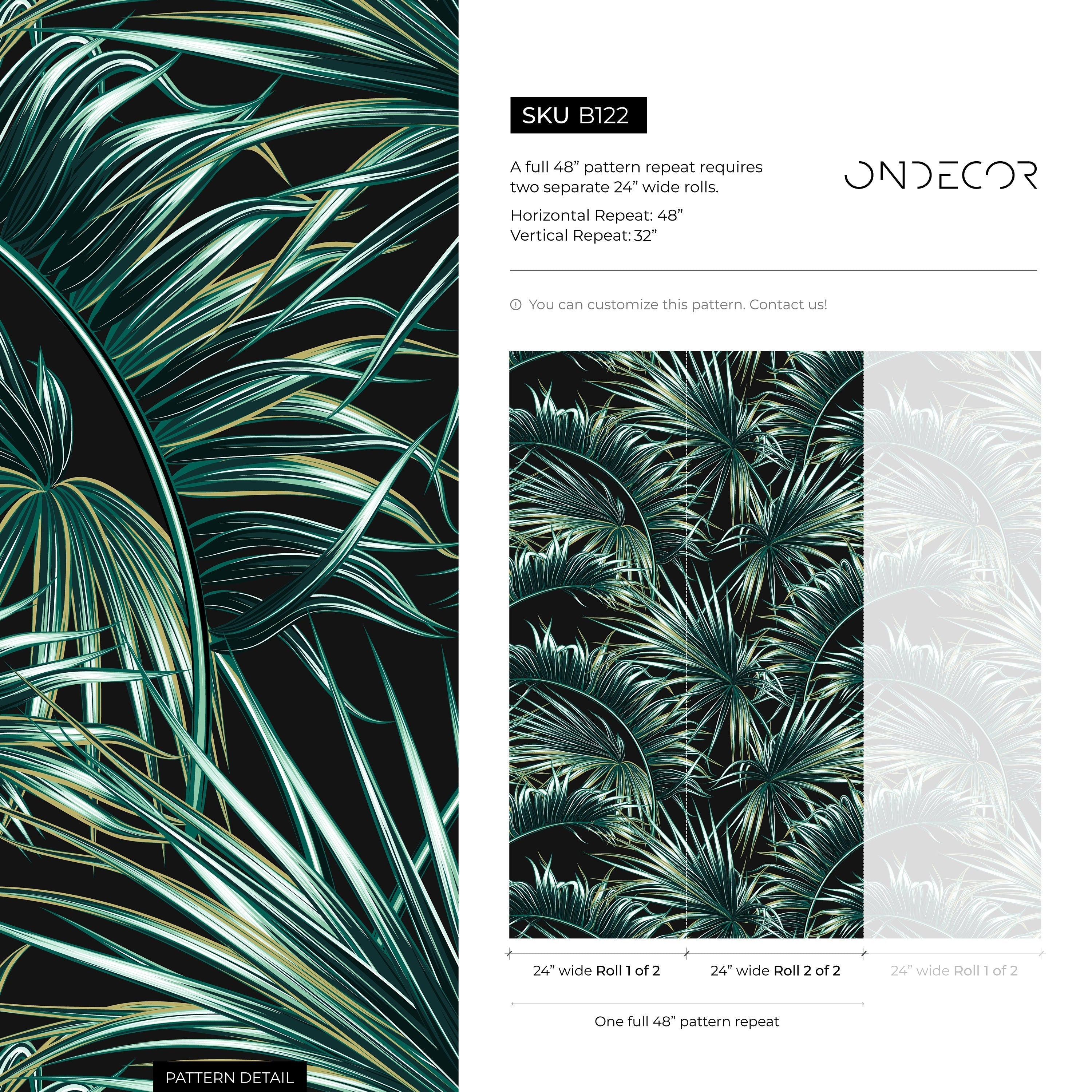 Botanical Wallpaper With Lush Palm Fronds In Green And Black - B122