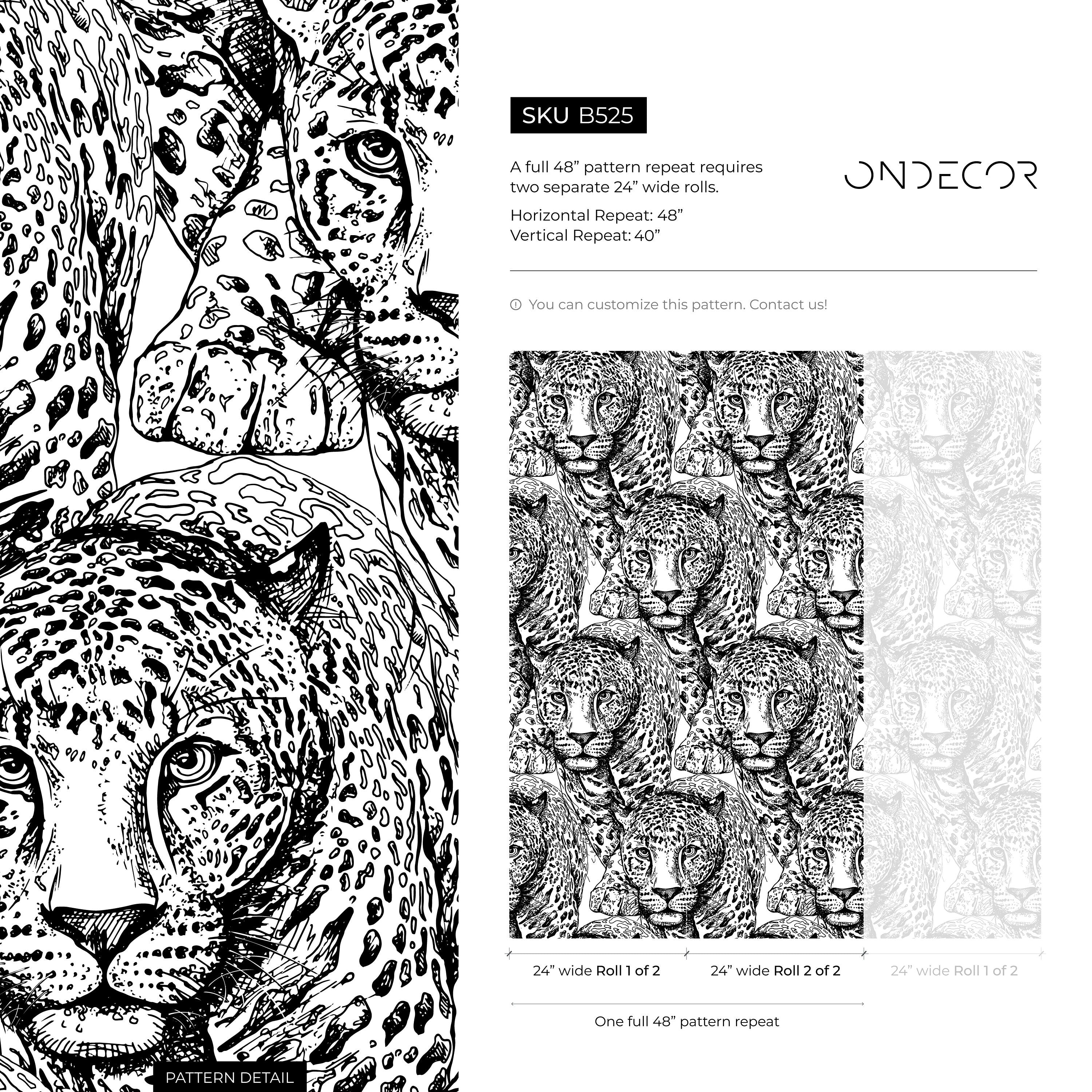 Animal Wallpaper Featuring Illustrated Jaguars In Black And White - B525
