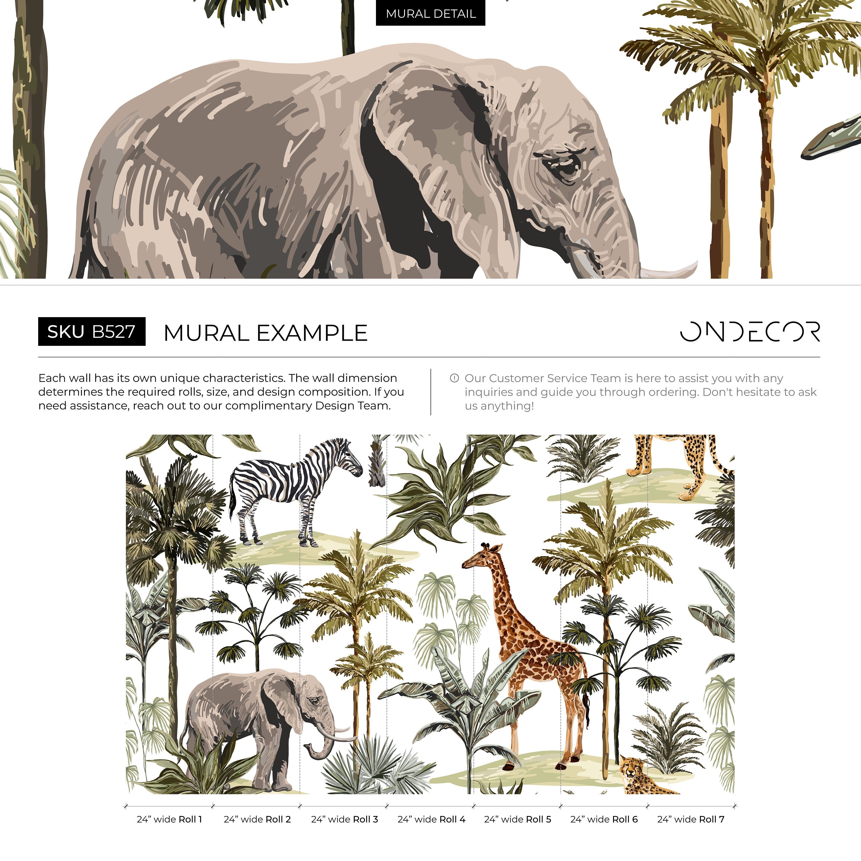 Safari Wallpaper With Illustrated Jungle Animals In Green, Grey, And Black - B527