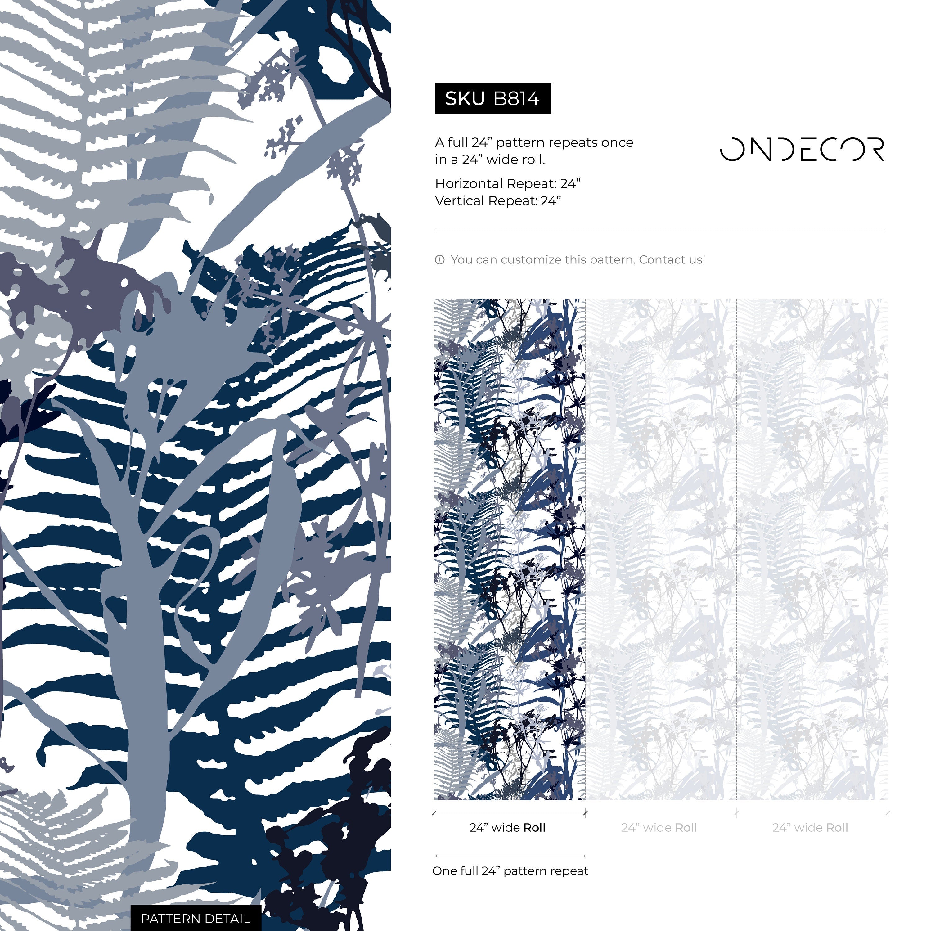 Botanical Wallpaper With Fern Silhouettes In Blue, Gray, And Black - B814