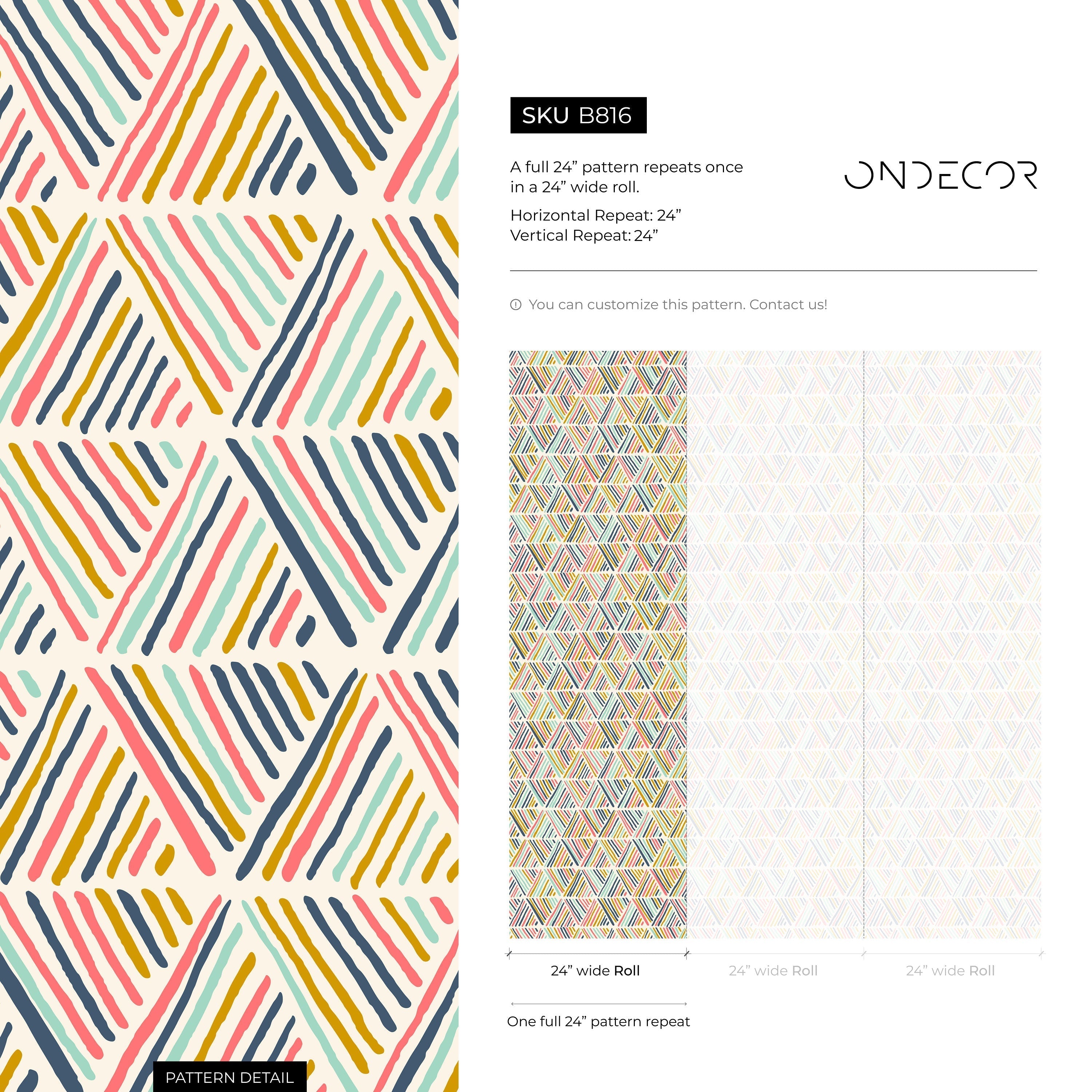 Geometric Wallpaper With Abstract Striped Triangles In Pink, Blue, And Yellow - B816