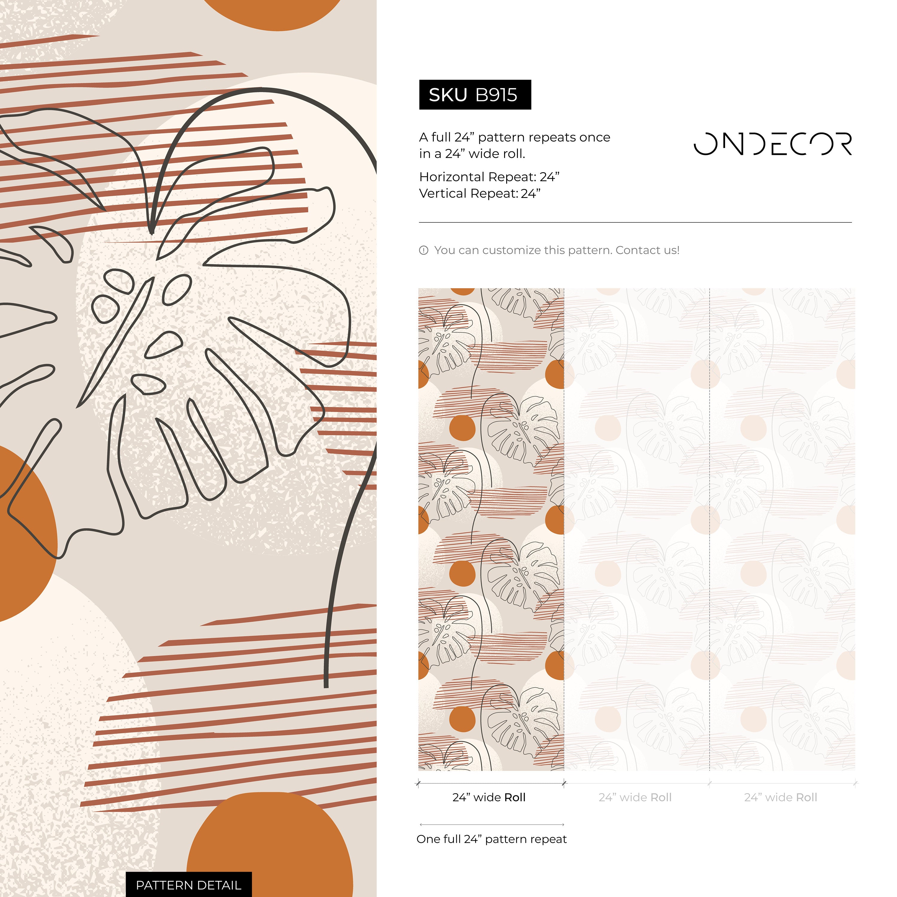 Botanical Wallpaper With Abstract Monstera Leaves In Terracotta And Black - B915