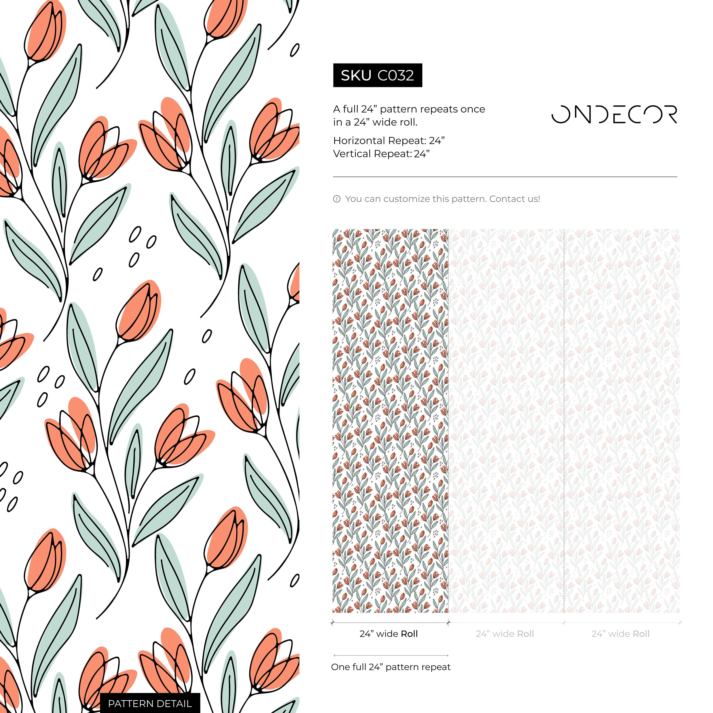 Floral Wallpaper Featuring Stylized Tulips In Orange, Green, And Black - C032