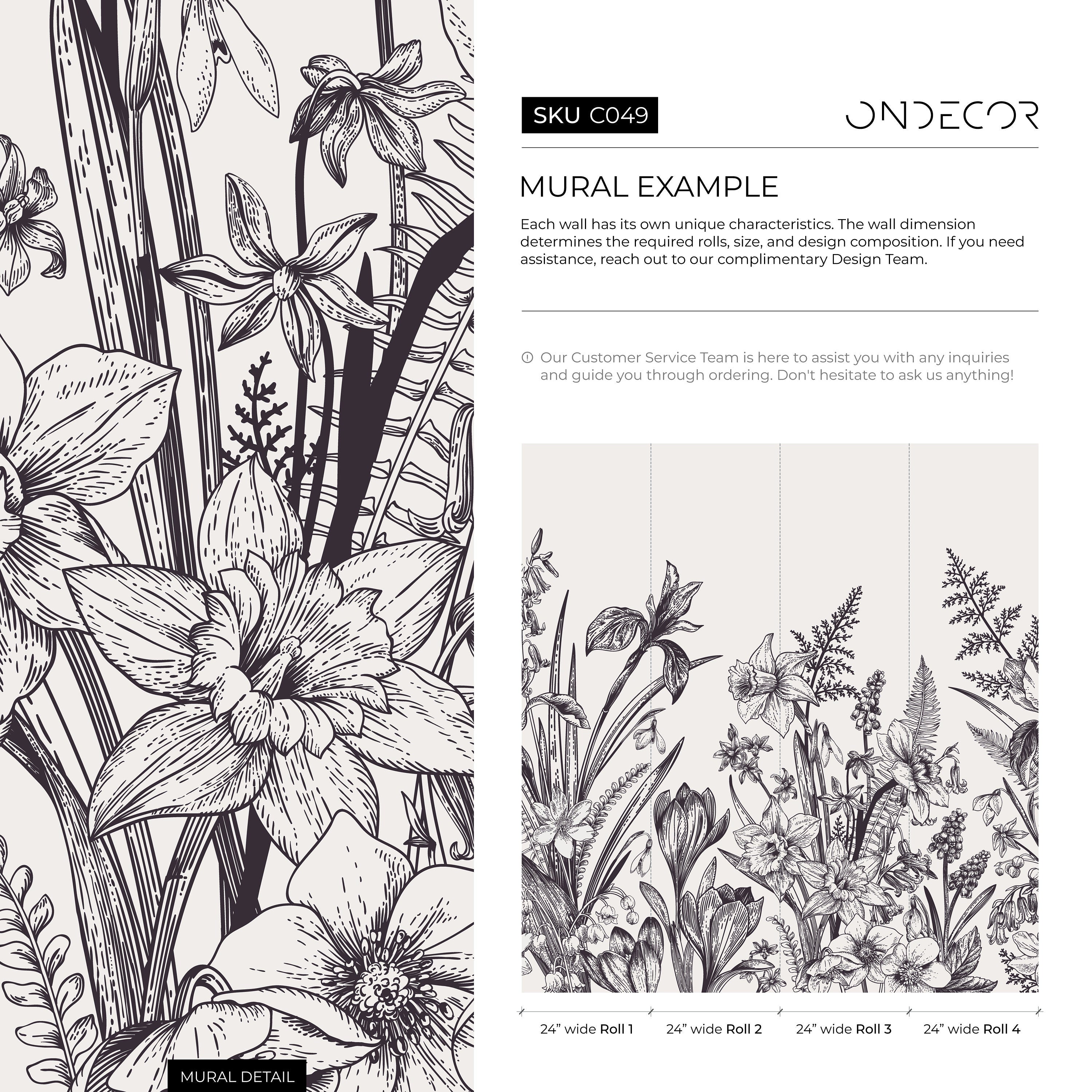 Botanical Wallpaper With Vintage Spring Flowers In Black And White - C049