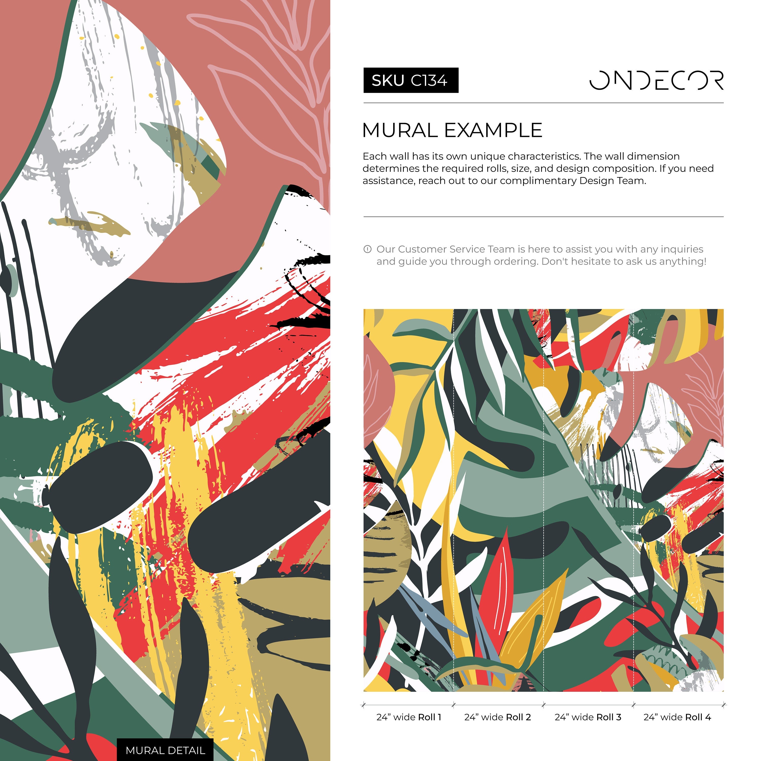 Abstract Botanical Wallpaper With Bold Brushstrokes In Green, Yellow, And Red - C134