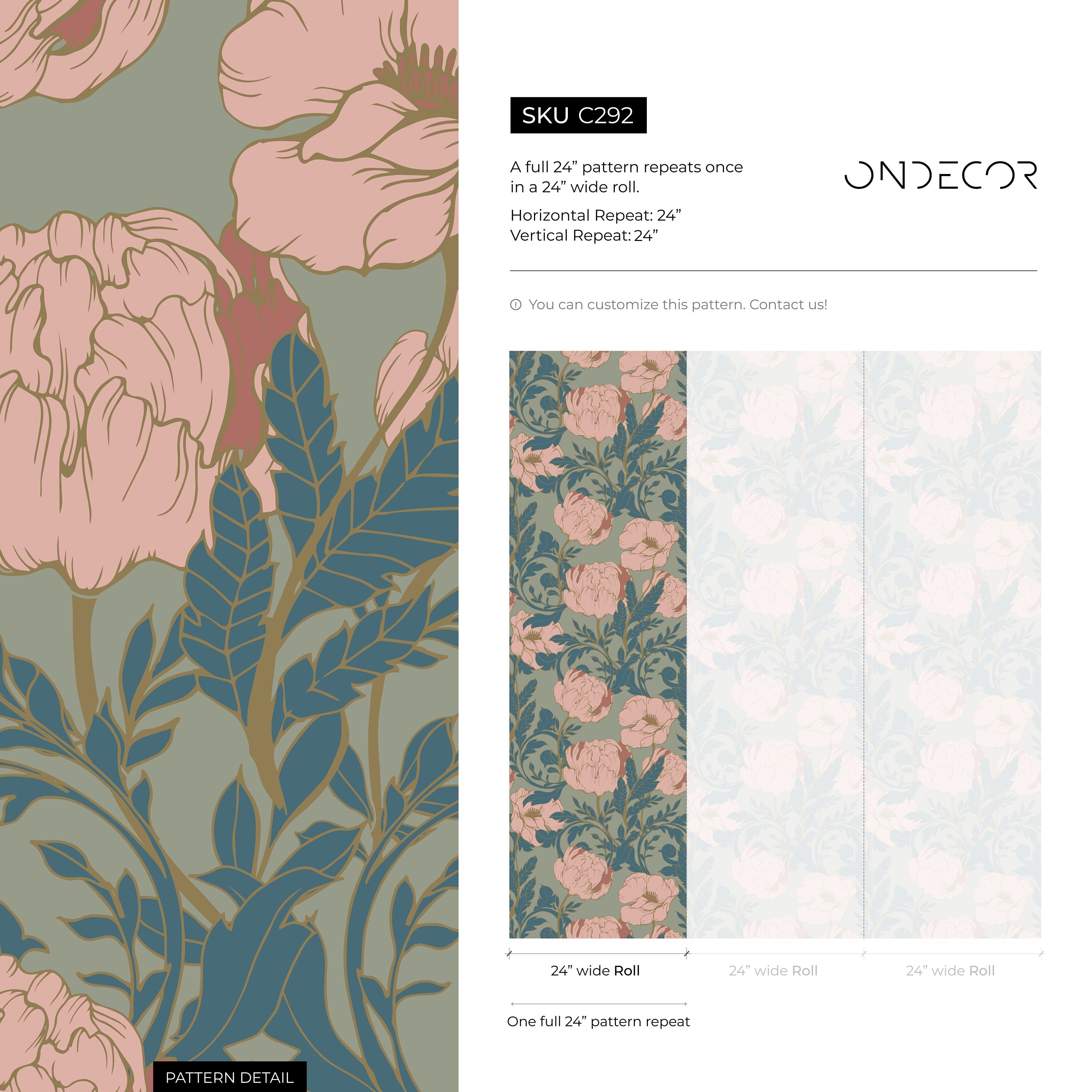 Floral Wallpaper With An Art Nouveau Peony Motif In Sage Green, Pink, And Teal - C292