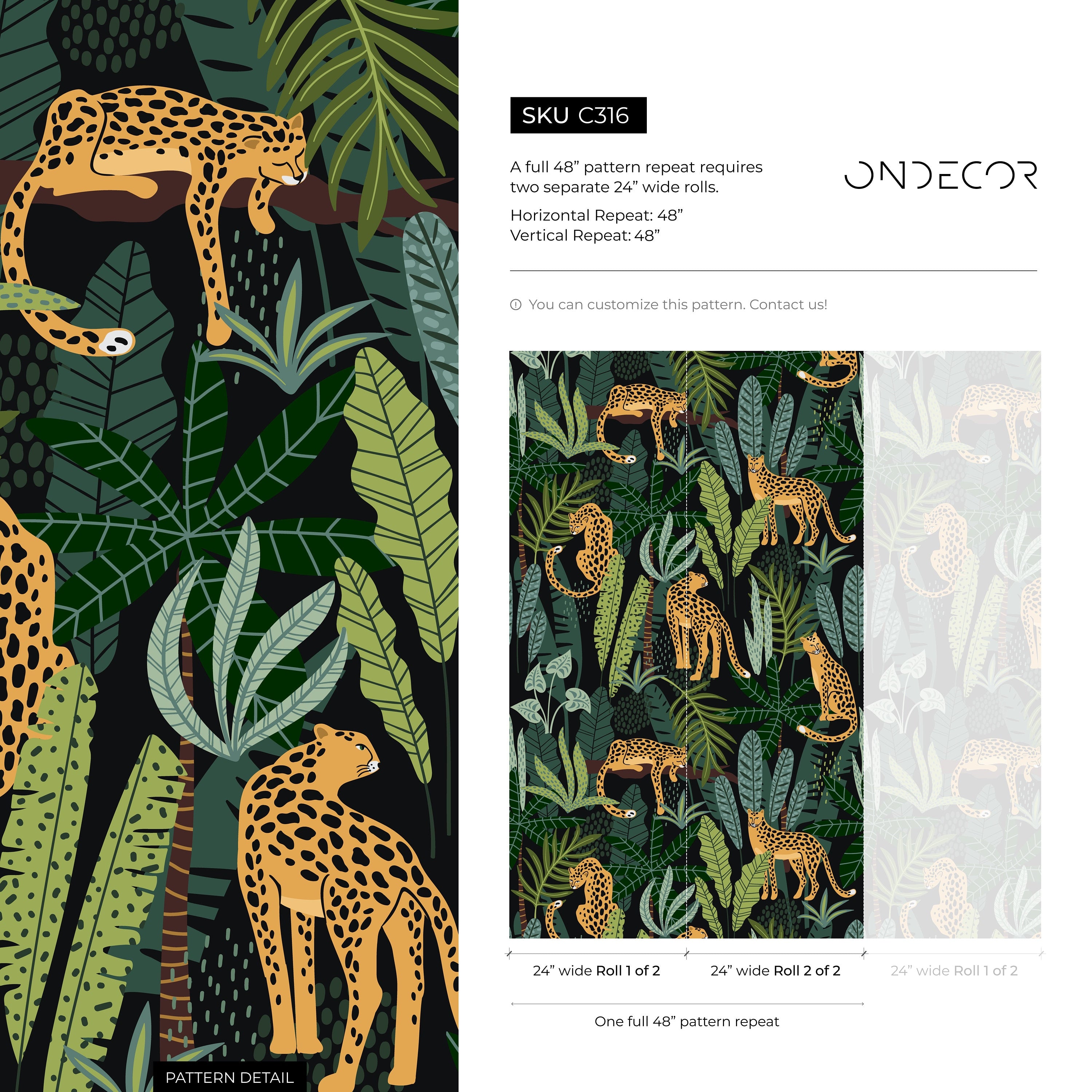 Tropical Wallpaper With Leopards In A Jungle In Black, Green, And Orange - C316