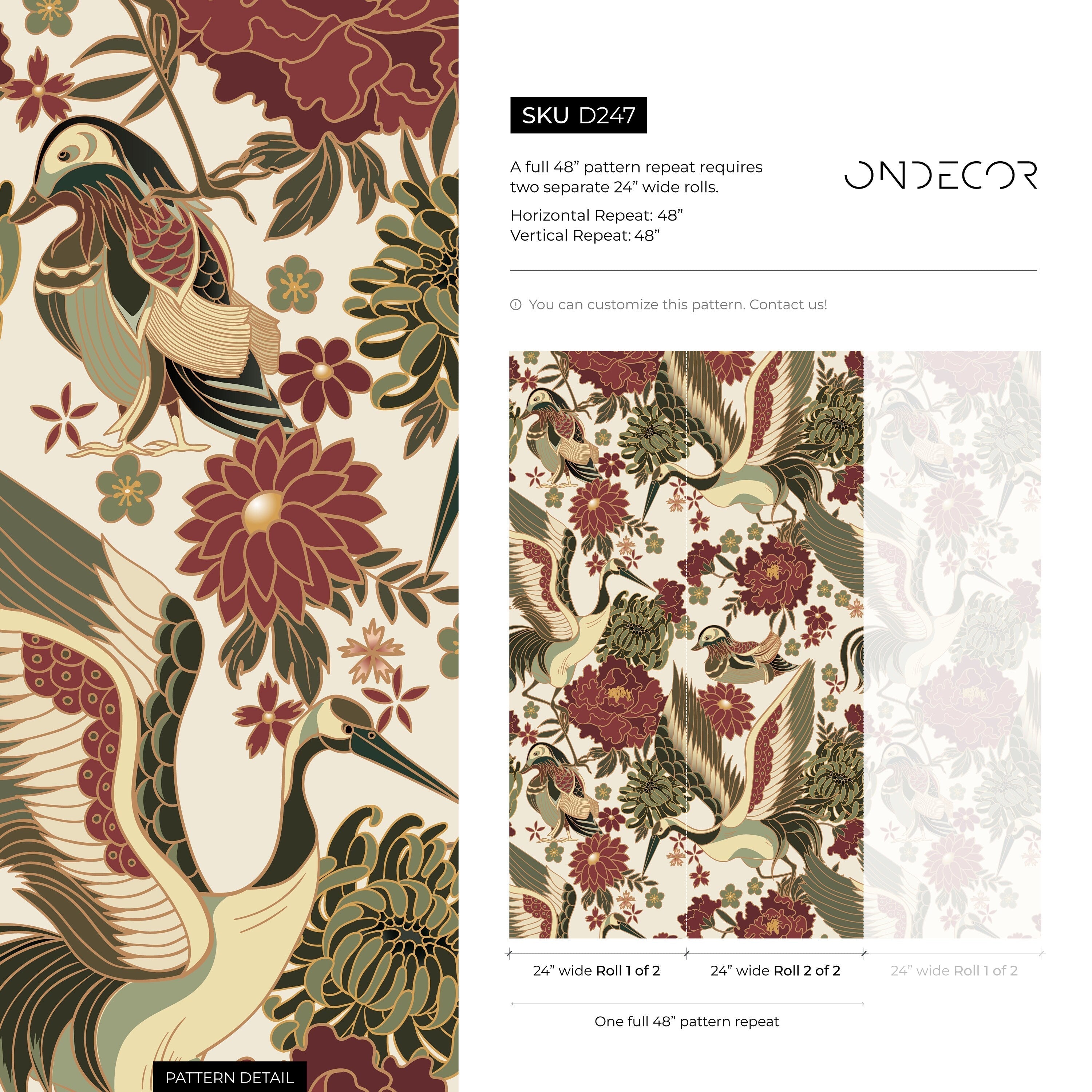 Chinoiserie Wallpaper With Cranes And Florals In Red, Green, And Beige - D247