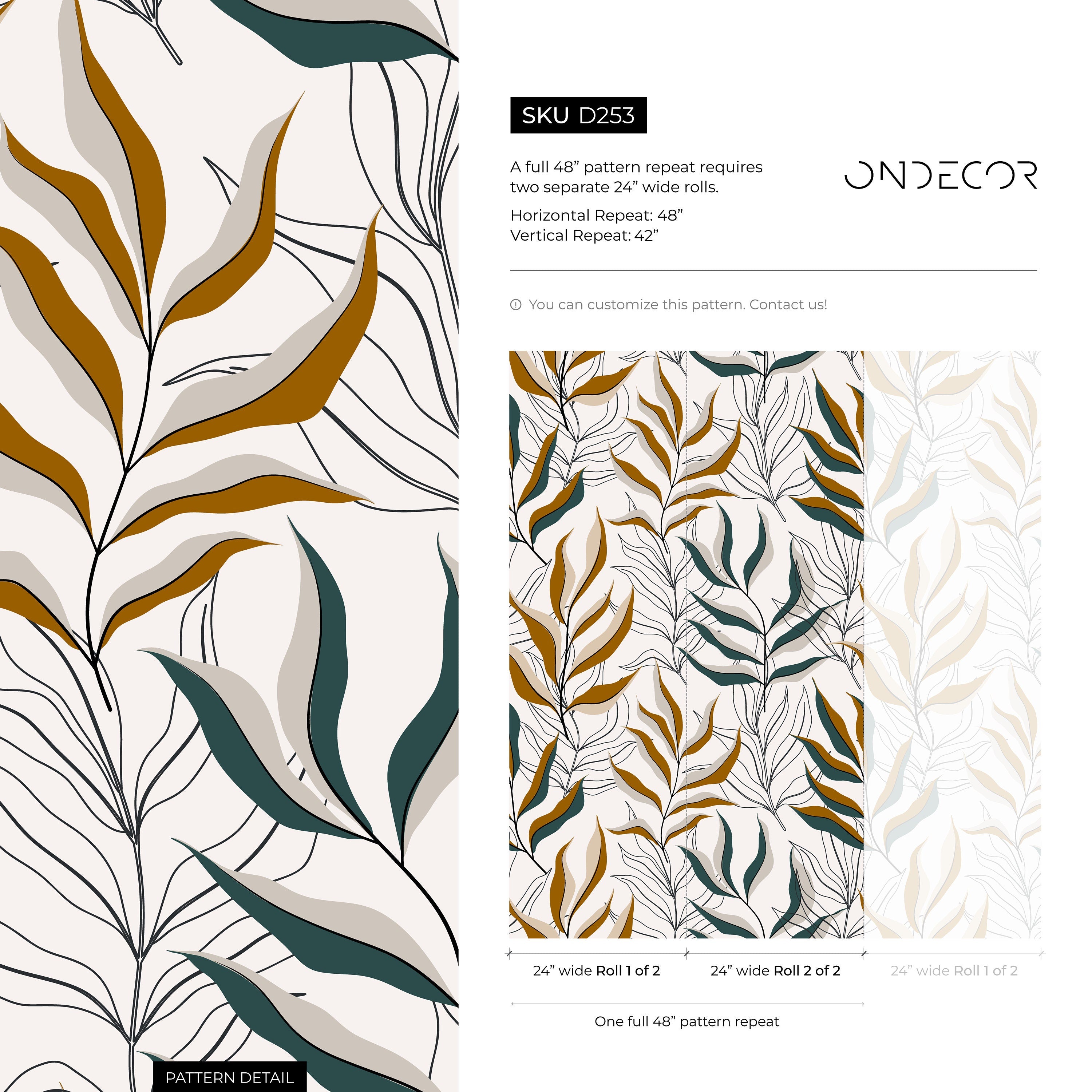 Botanical Wallpaper With Overlapping Fronds In Ochre, Teal, And Black - D253