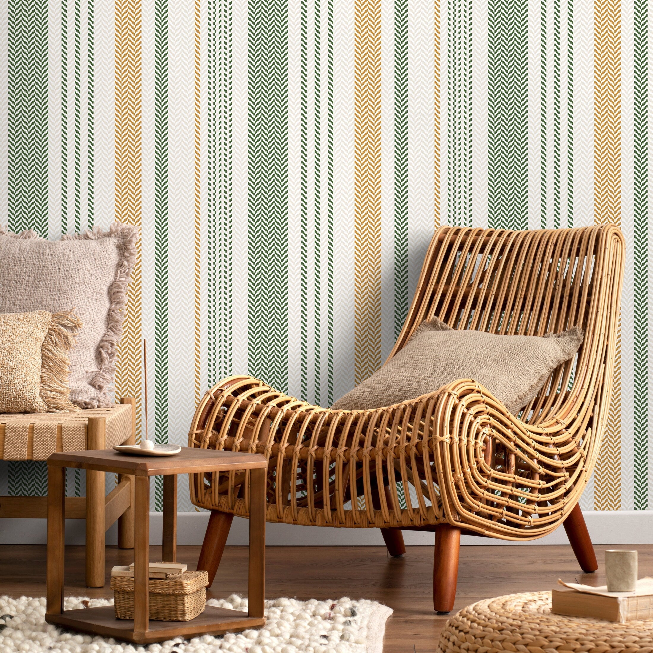 Striped Wallpaper With A Textured Chevron Motif In Green And Gold - D804