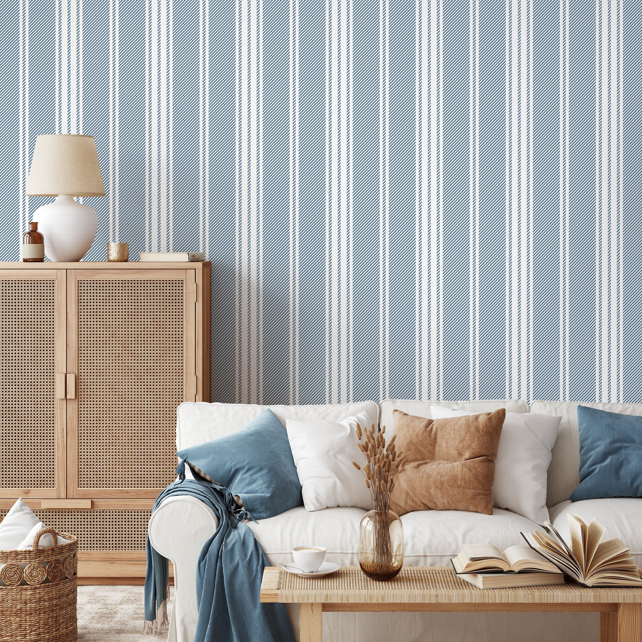 Striped Wallpaper Featuring Classic Ticking Stripes In Blue And White - D781