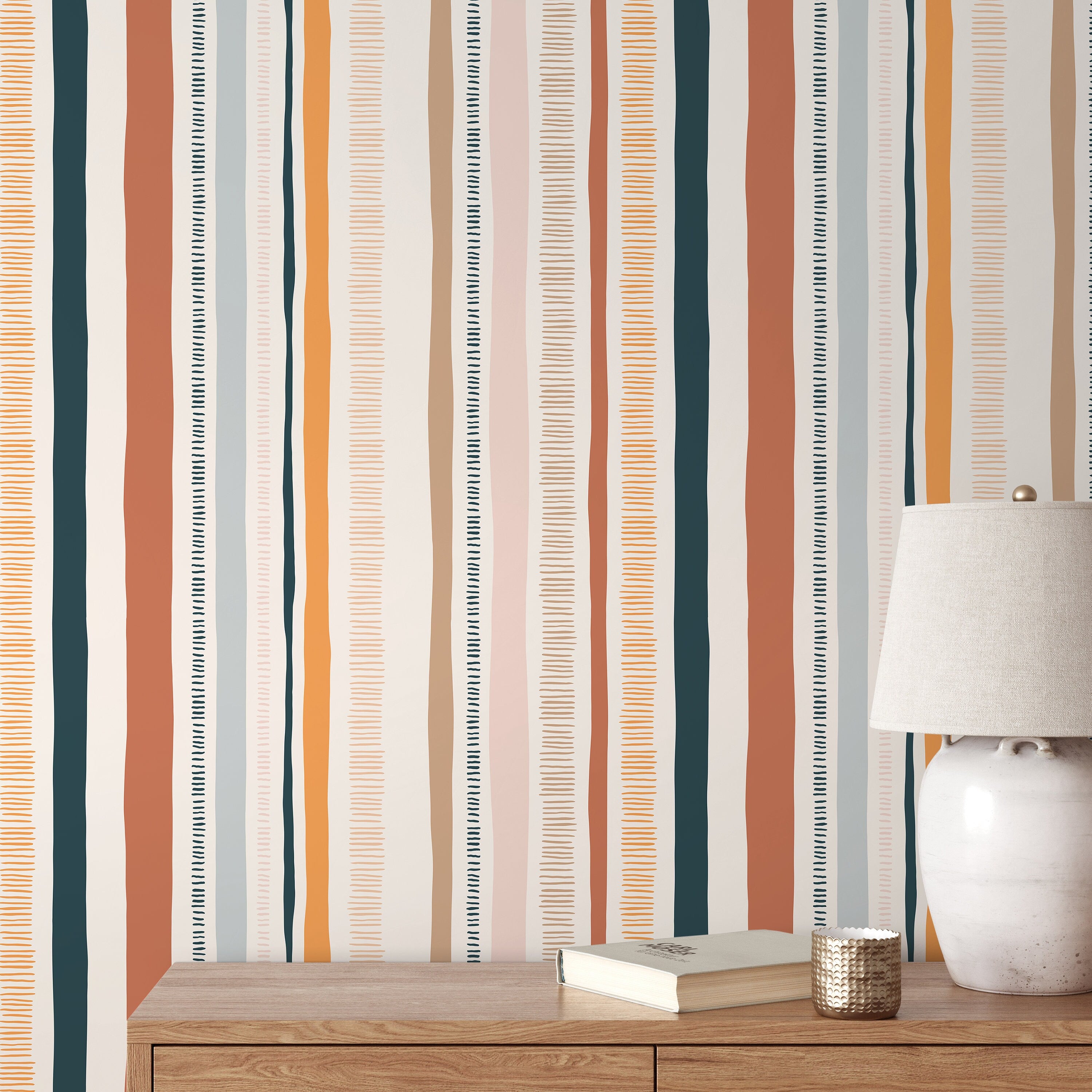 Abstract Wallpaper With Hand-drawn Vertical Stripes In Rust, Navy, And Orange - D809