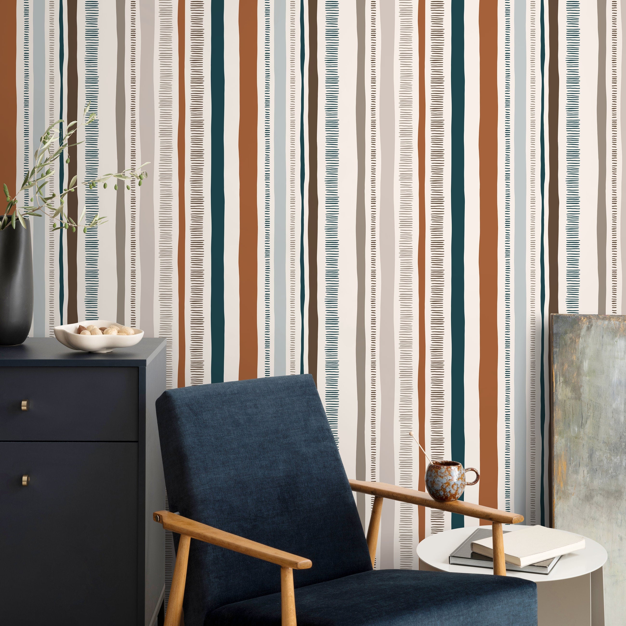 Abstract Wallpaper With Organic Hand-drawn Stripes In Rust, Teal, And Brown - D835