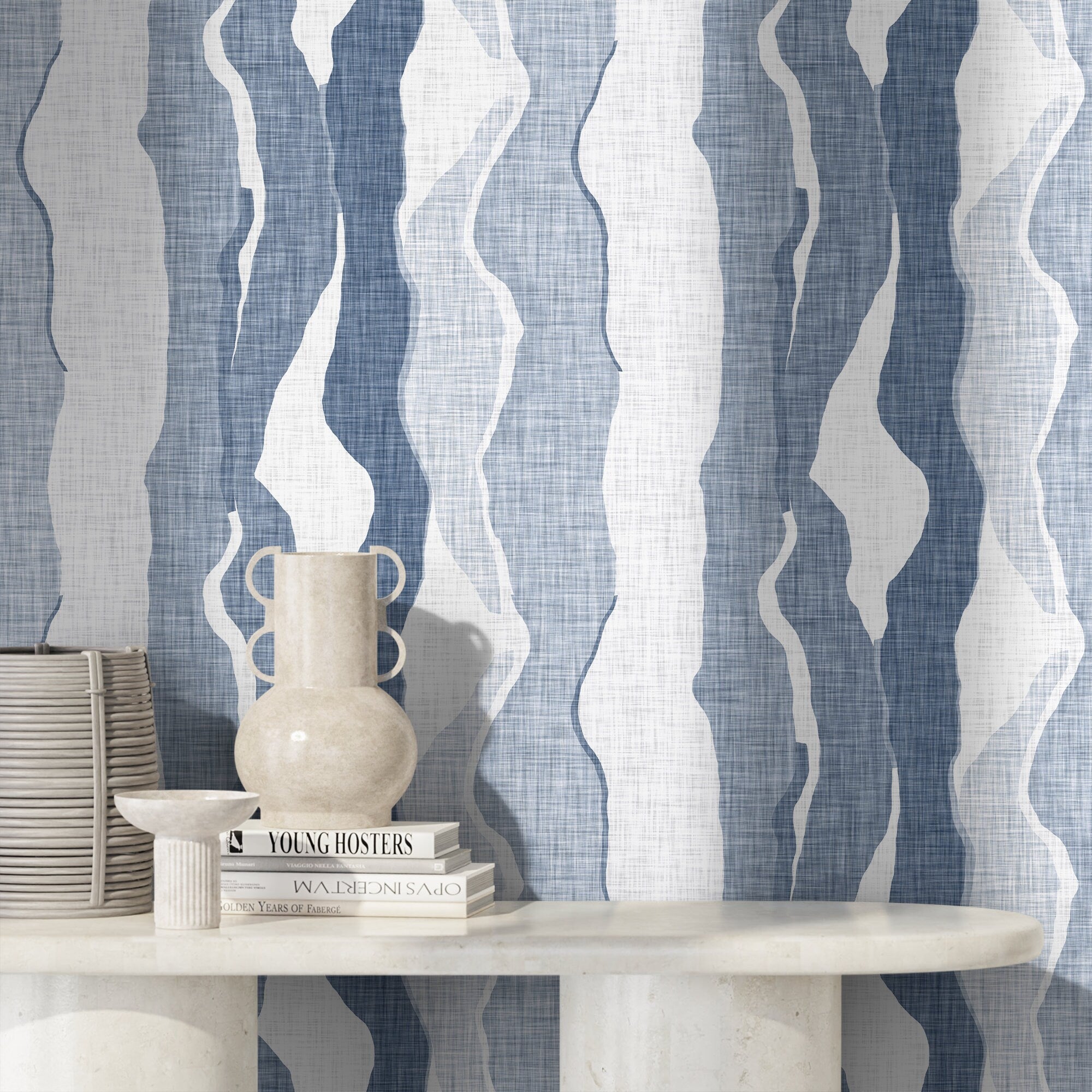 Abstract Wallpaper With Flowing Wave Stripes In Blue And White - D837