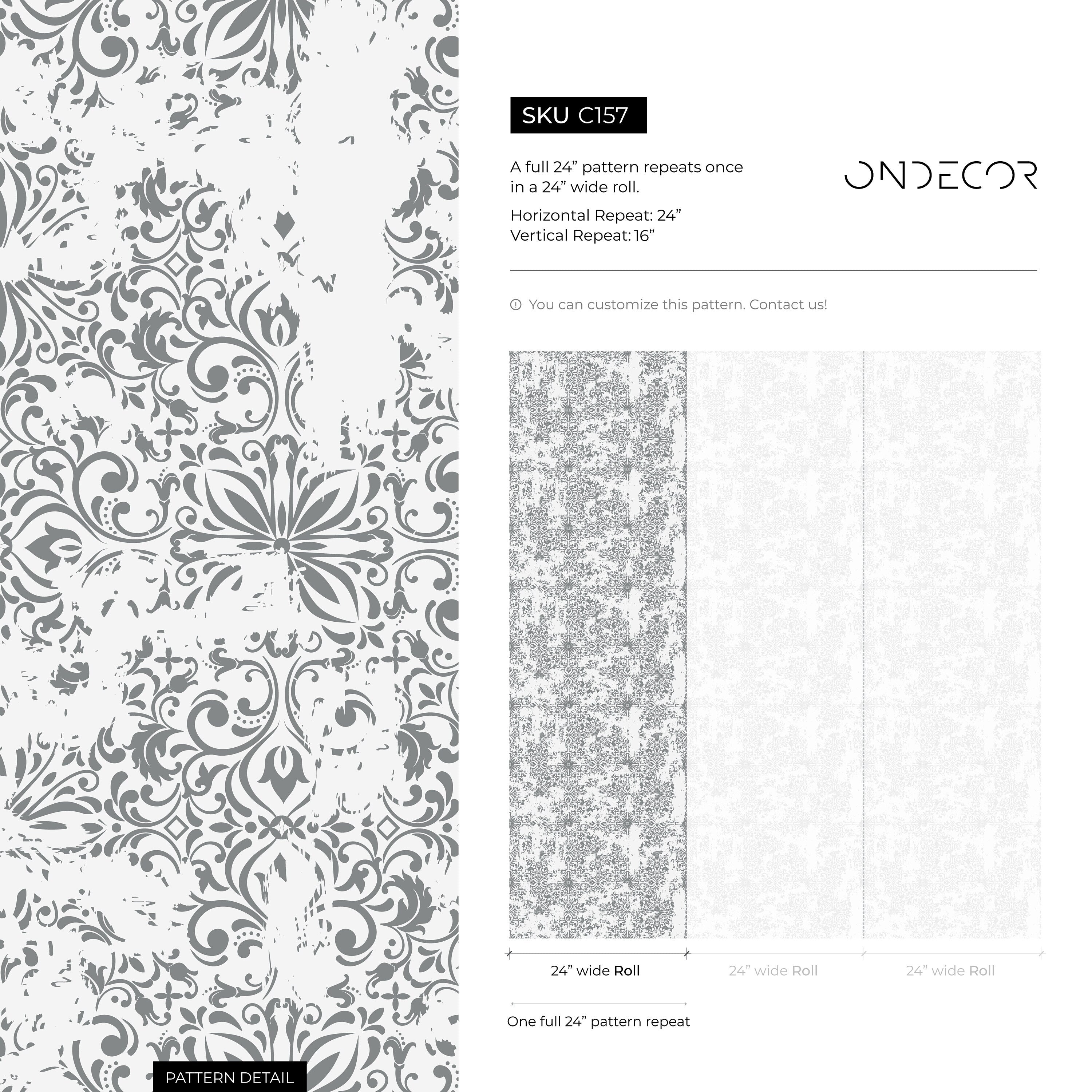 Classic Wallpaper With A Distressed Damask Motif In Gray And Light Gray - C157