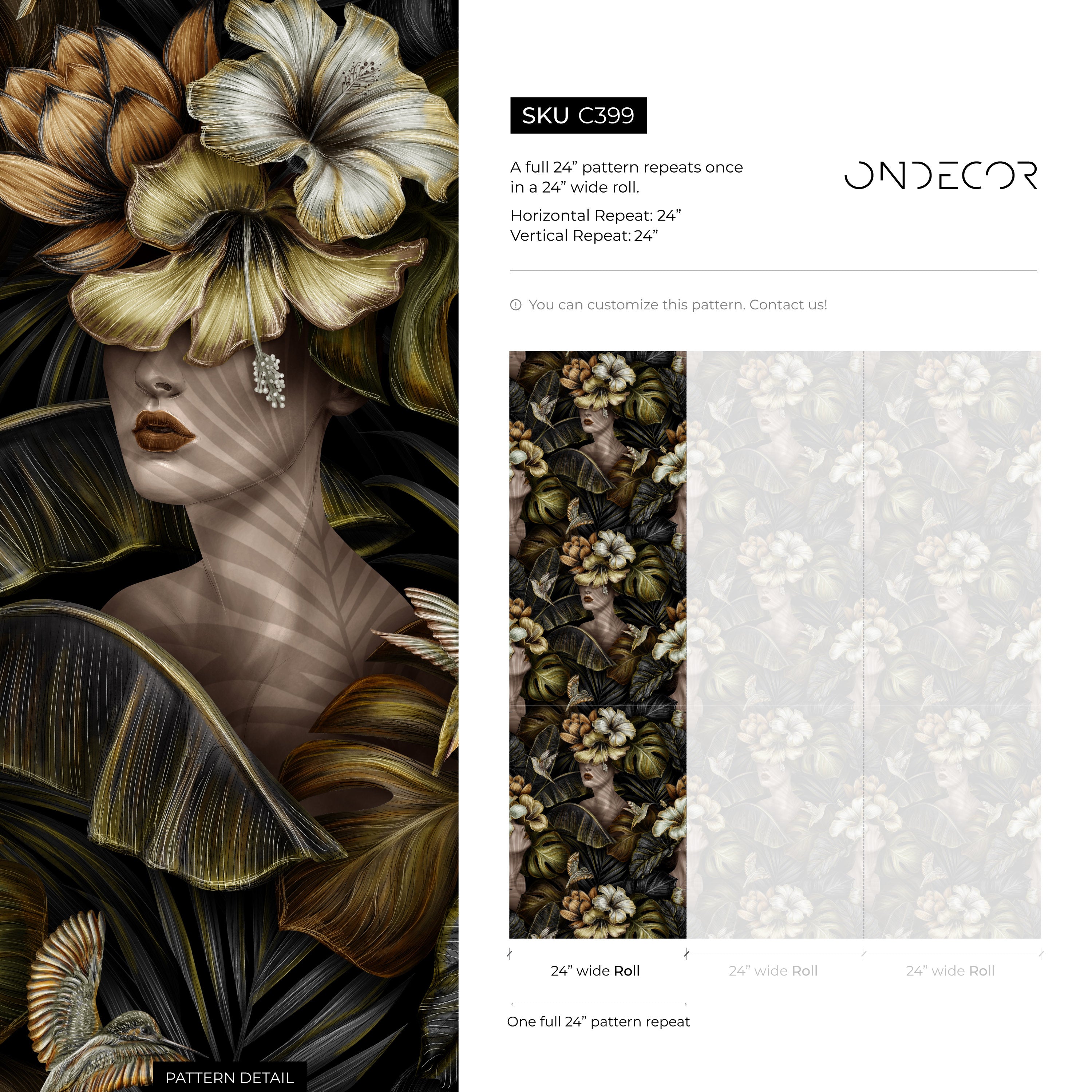 Botanical Wallpaper Featuring Surrealist Statues In Black, Green, And Gold - C399