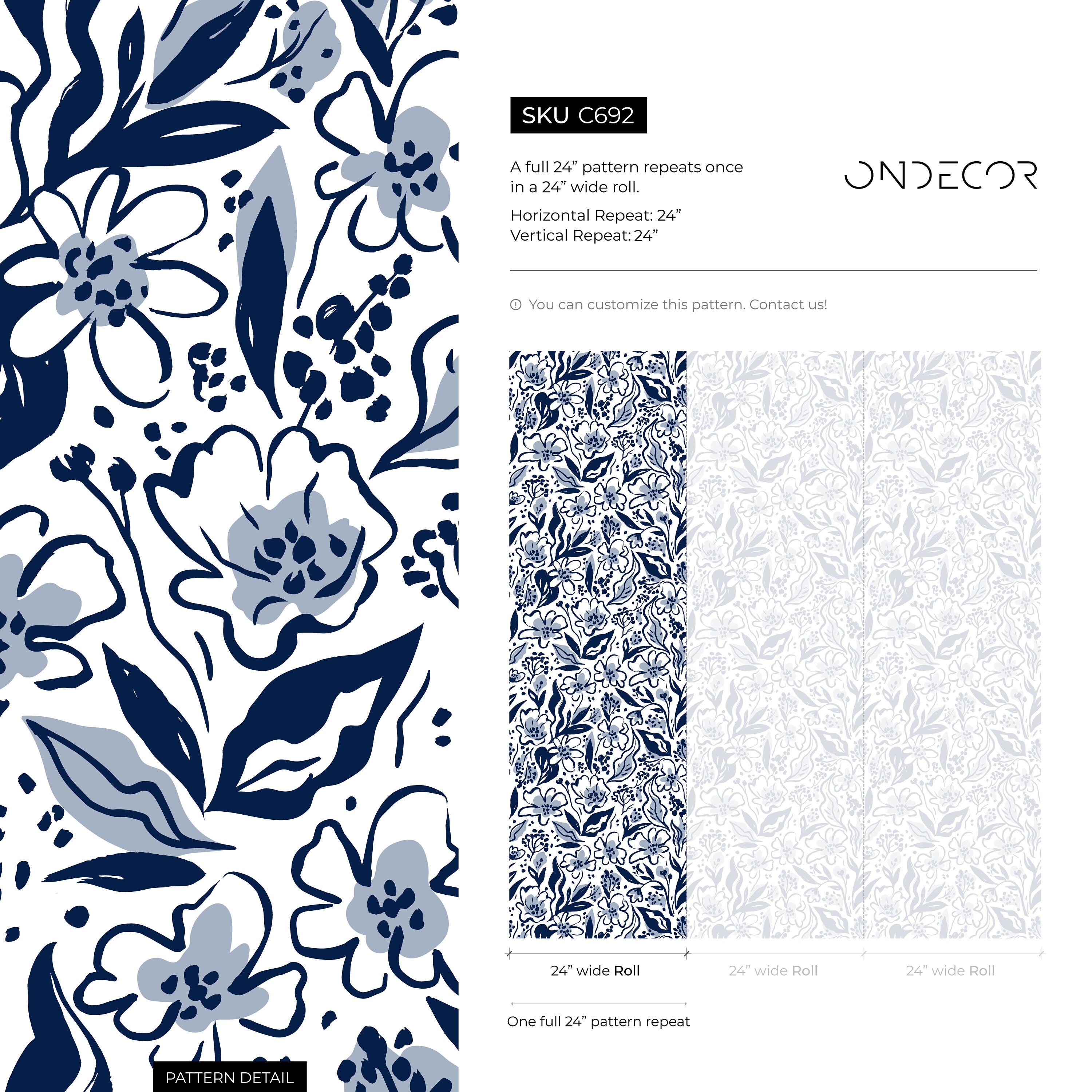 Floral Wallpaper With Painterly Blooms And Leaves In Navy And Blue - C692