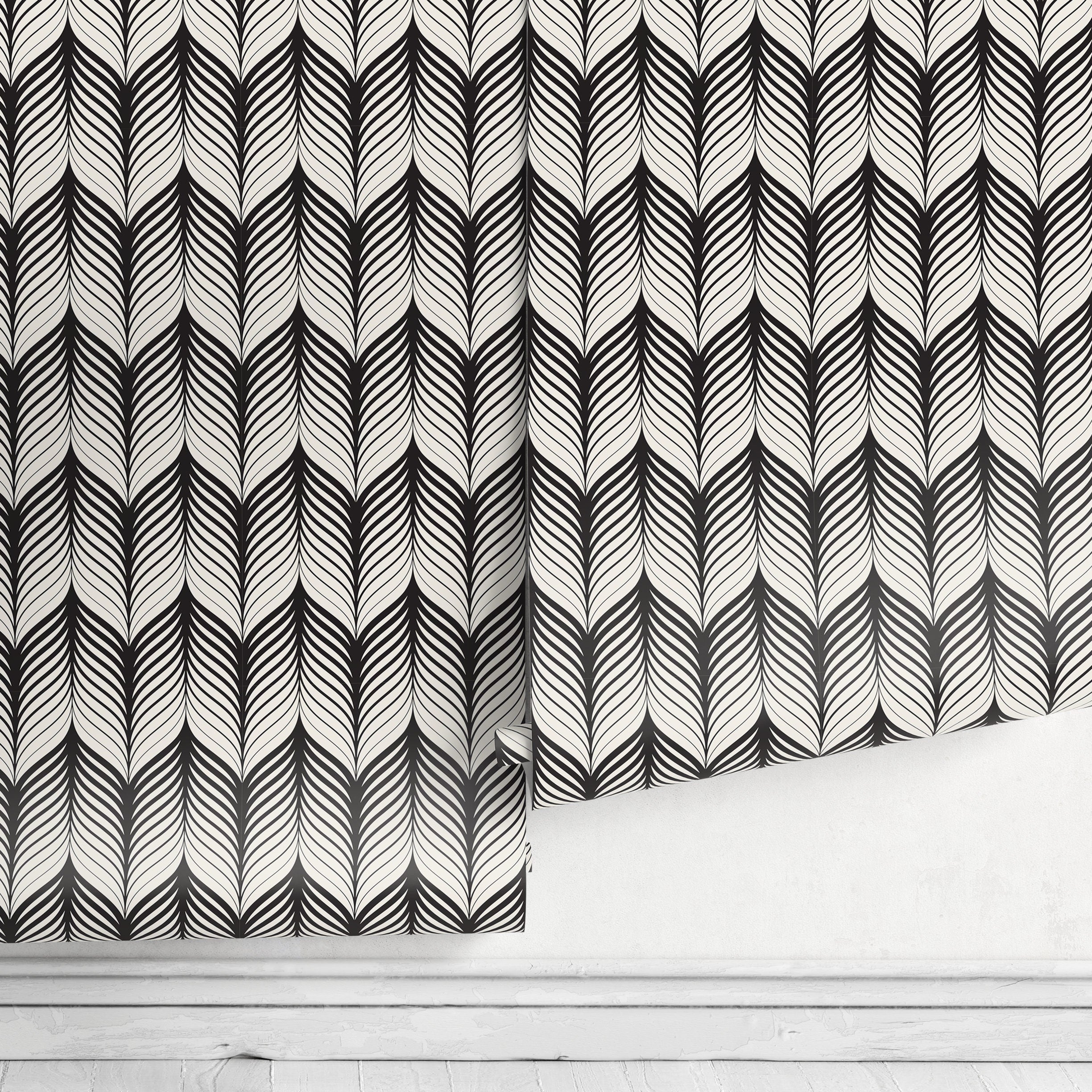 Art Deco Wallpaper With A Stylized Feather Motif In Black And White - D967