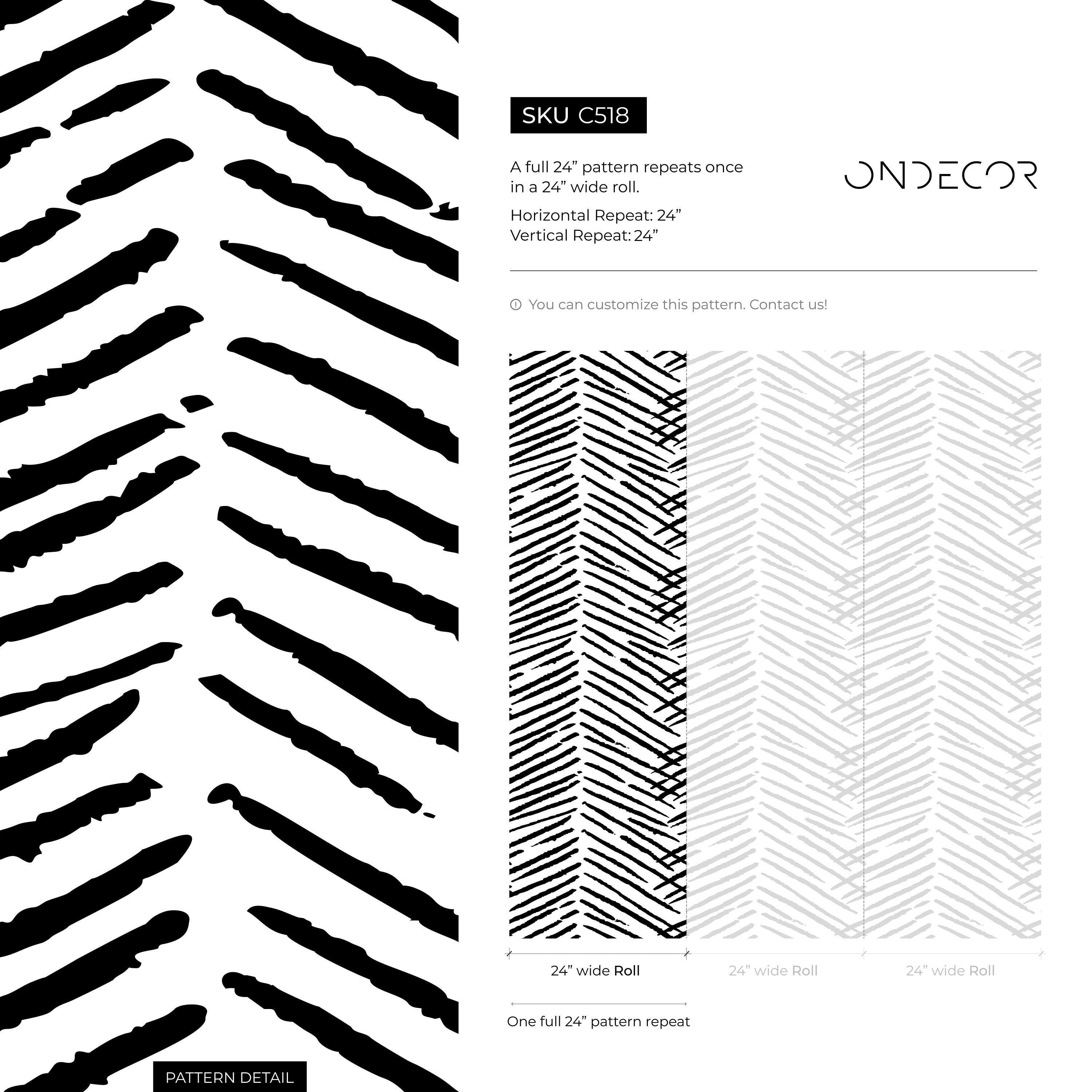 Boho Wallpaper with a Hand-Drawn Herringbone Motif in Black and White - C518