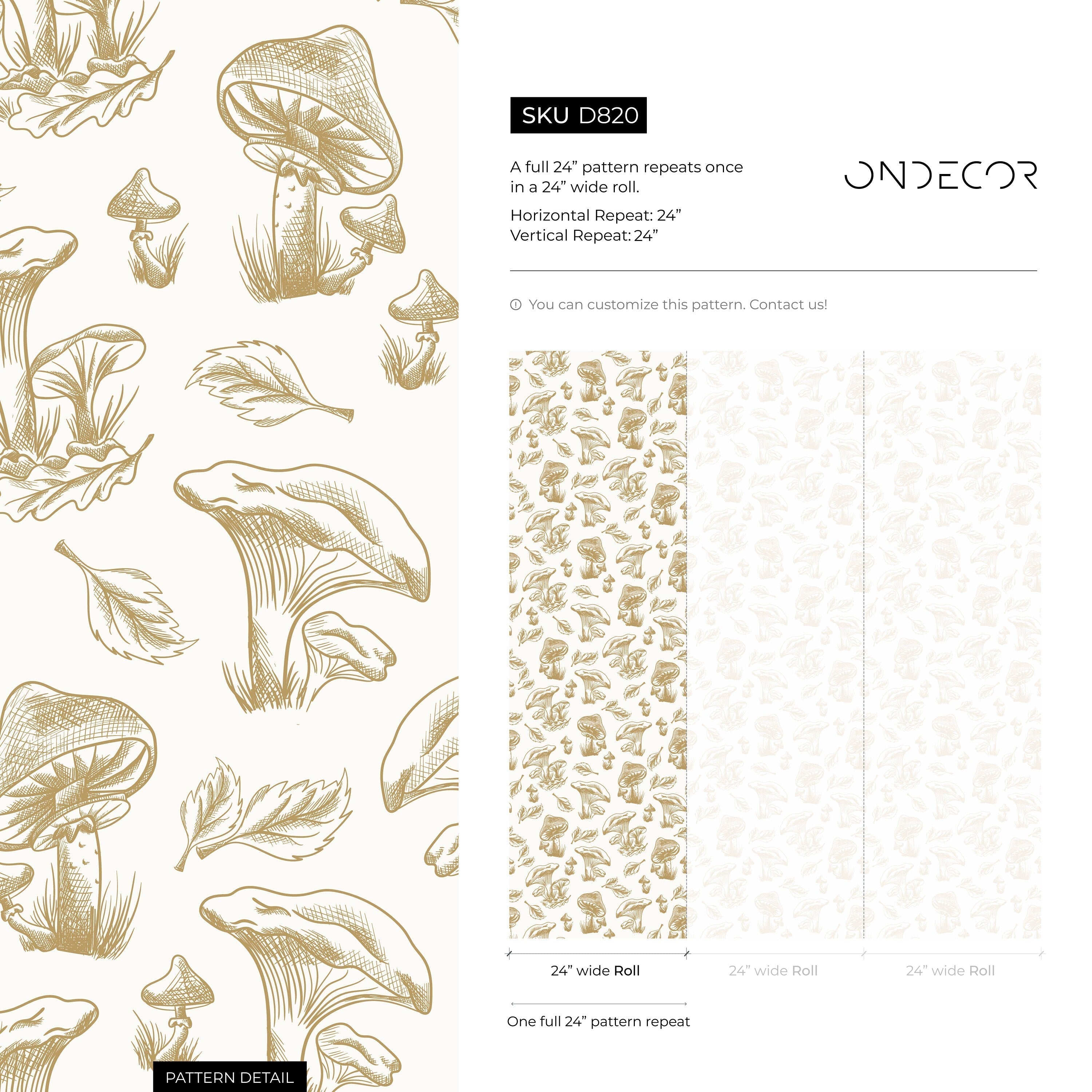 Mushroom Wallpaper With A Hand-drawn Botanical Motif In Beige - D820