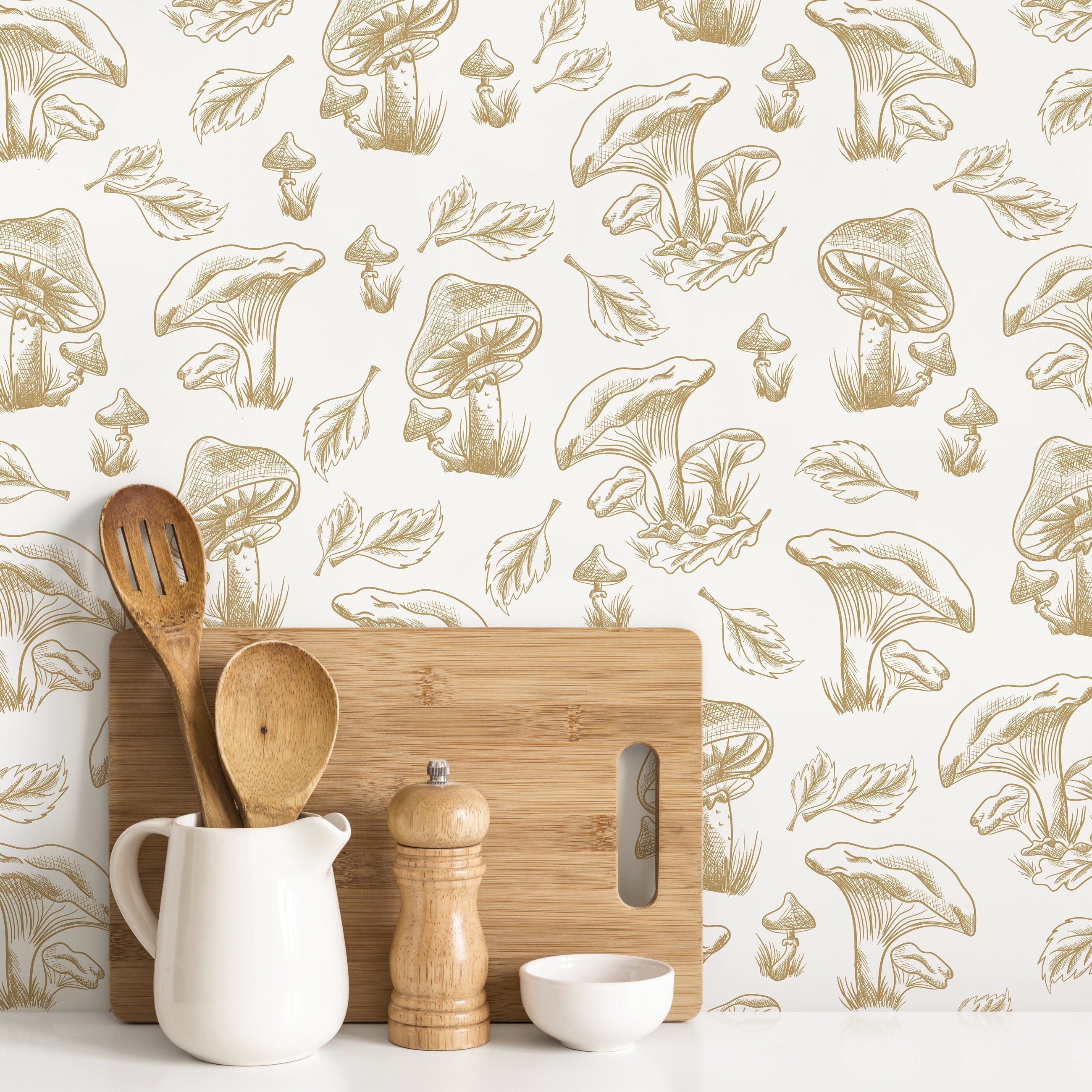 Mushroom Wallpaper With A Hand-drawn Botanical Motif In Beige - D820