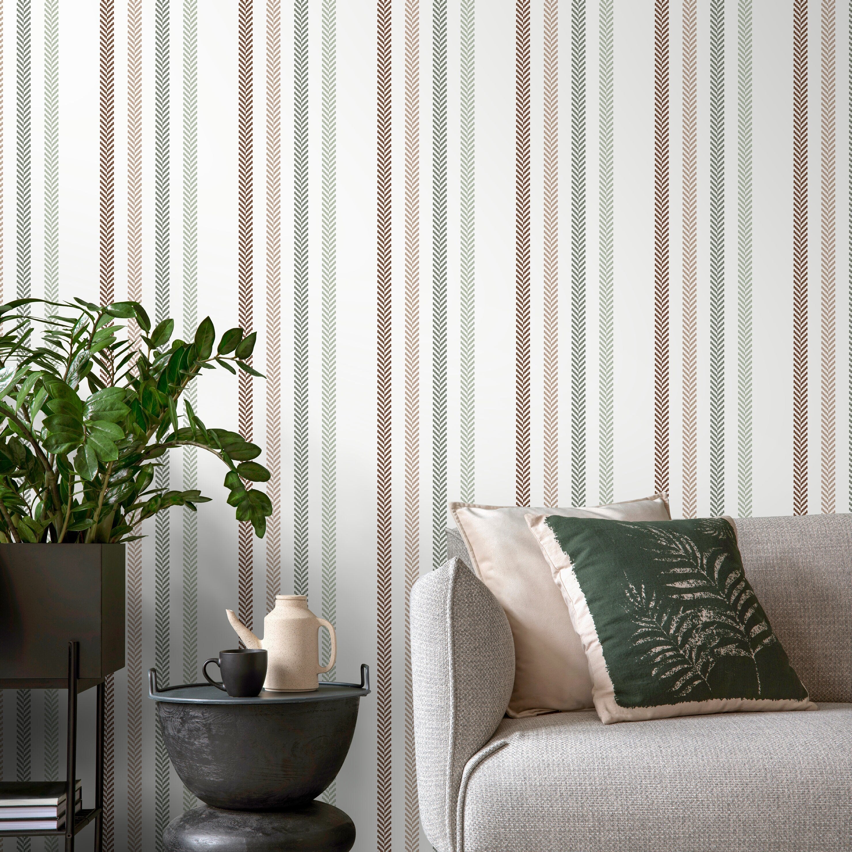 Striped Wallpaper With A Chevron Motif In Brown, Green, And Beige - D779