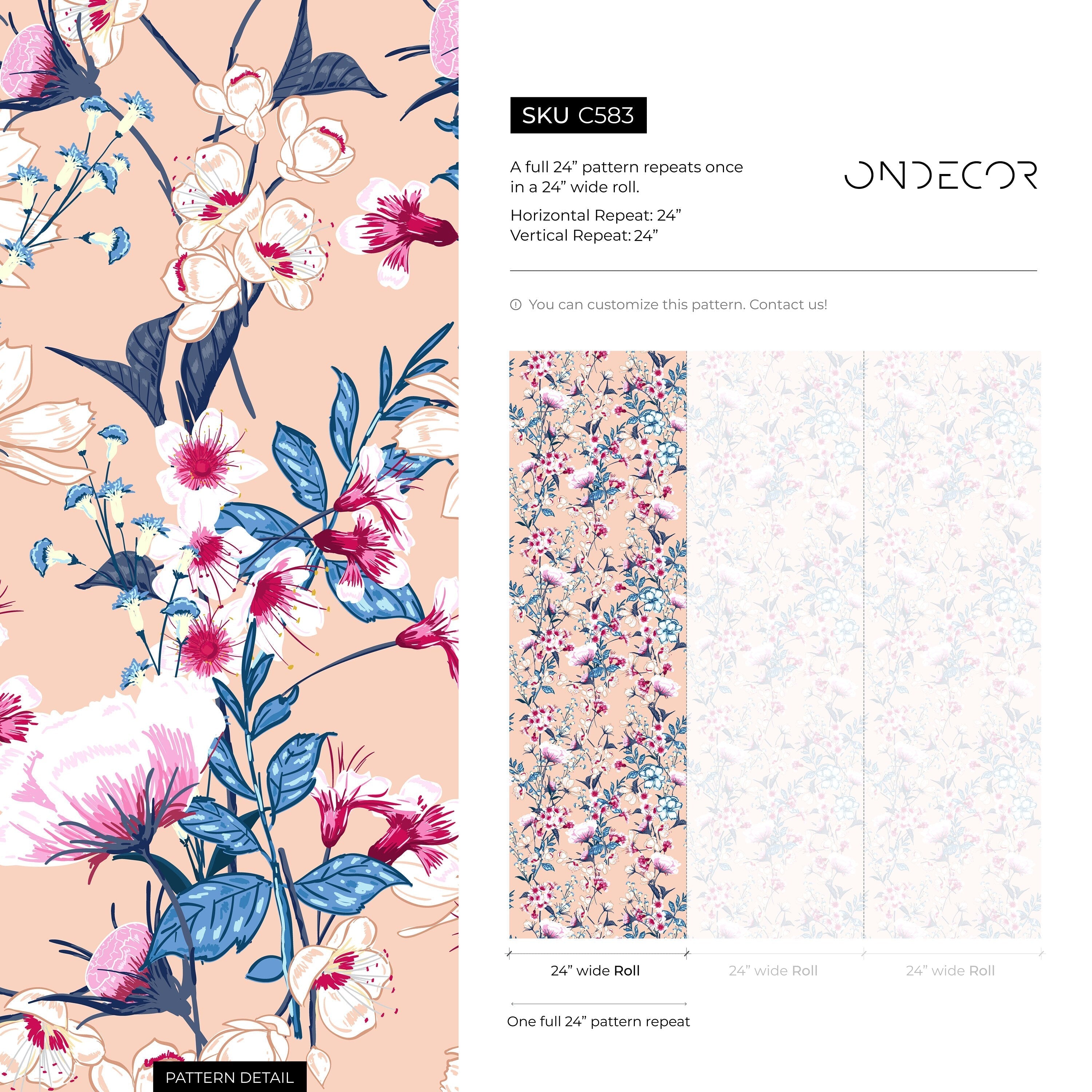 Floral Wallpaper With A Vintage Wildflower Motif In Pink, Blue, And Peach - C583