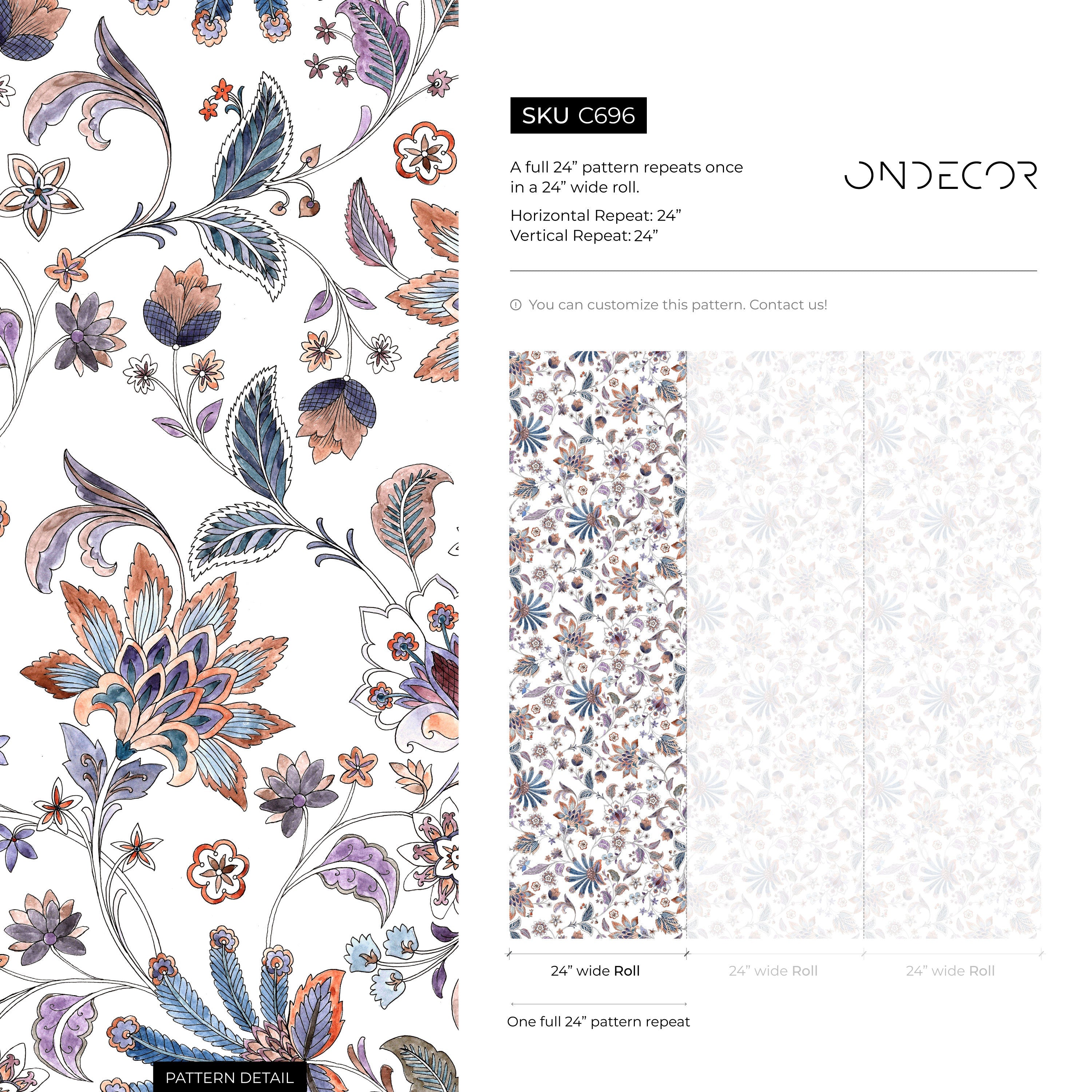 Floral Wallpaper With An Intricate Chintz Motif In Blue, Orange, And Purple - C696