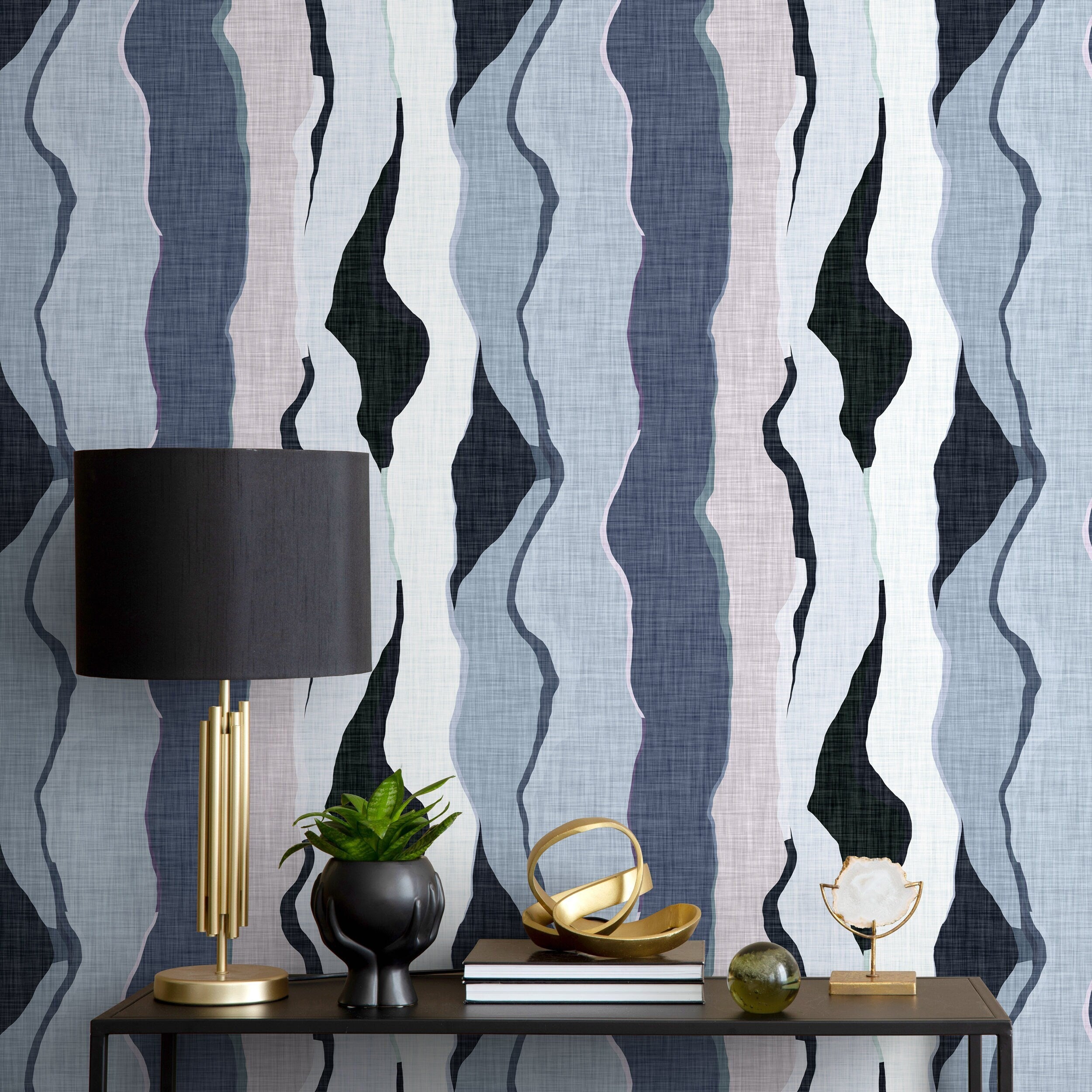 Abstract Wallpaper With Wavy Vertical Forms In Blue, Black, And Grey - D859