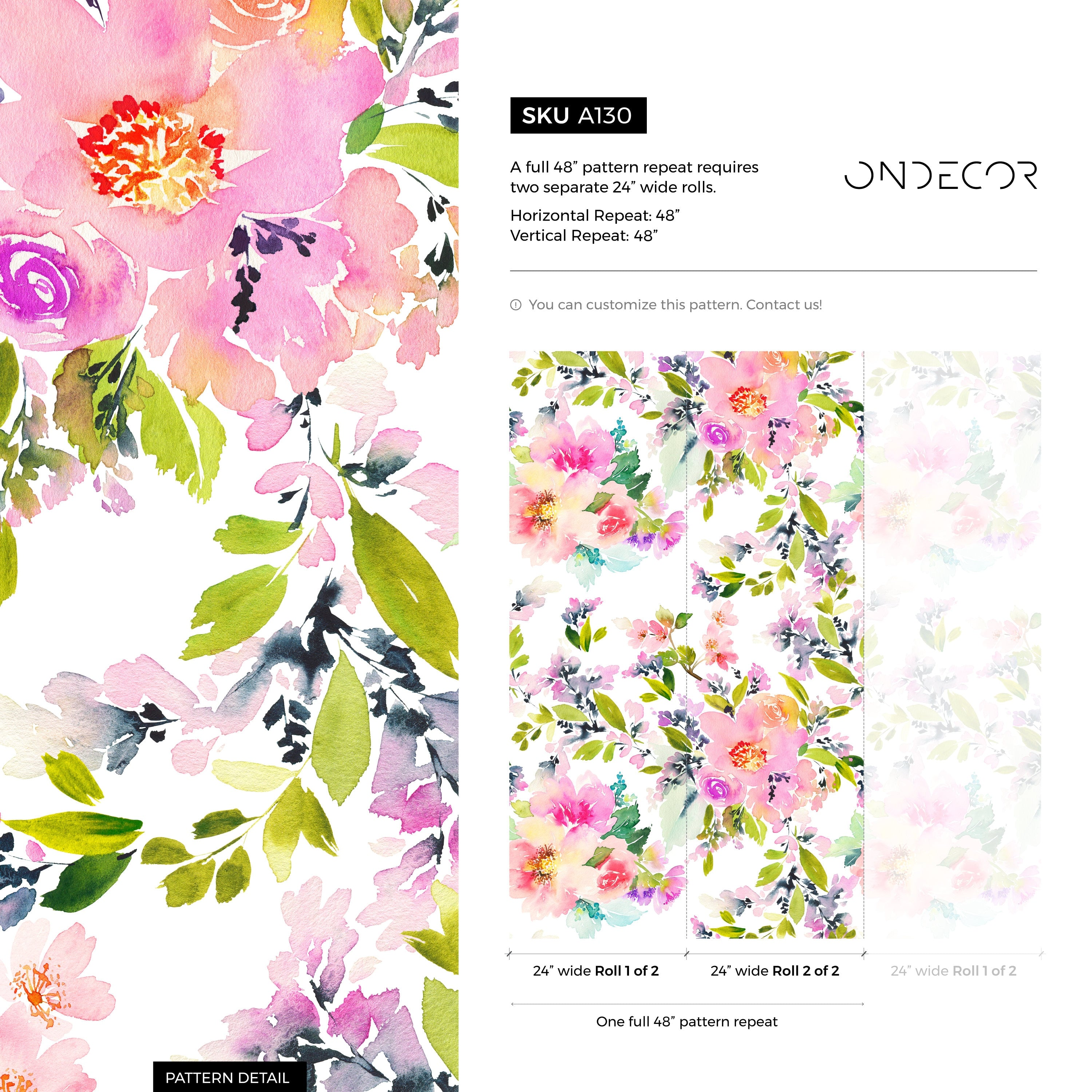 Floral Wallpaper With Loose Watercolor Blooms In Pink, Purple, And Green - A130