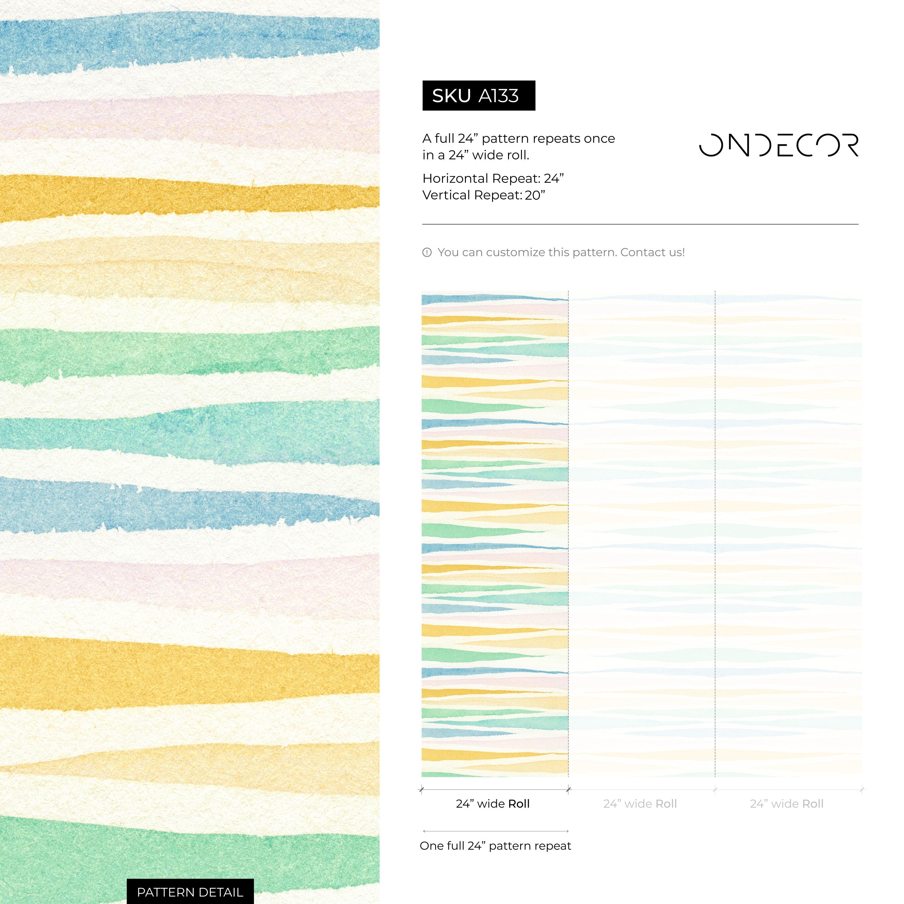 Watercolor Wallpaper With Wavy Stripes In Blue, Green, And Yellow - A133
