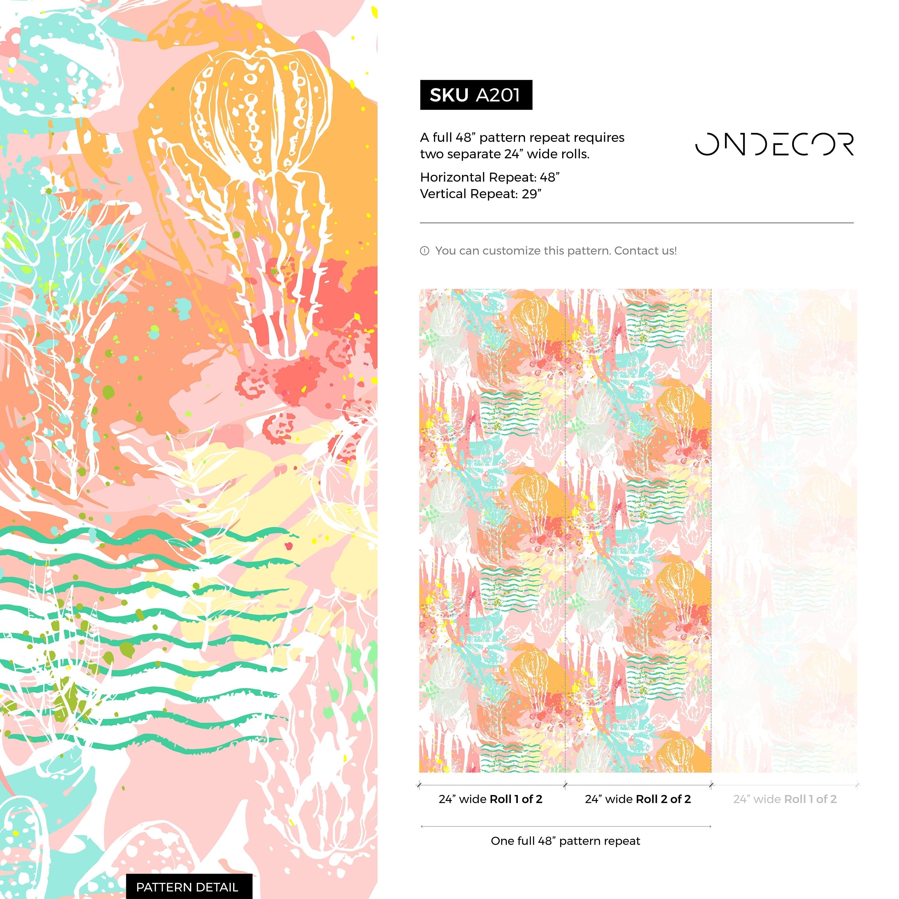 Abstract Wallpaper With A Colorful Cactus Collage In Pink, Orange, And Teal - A201