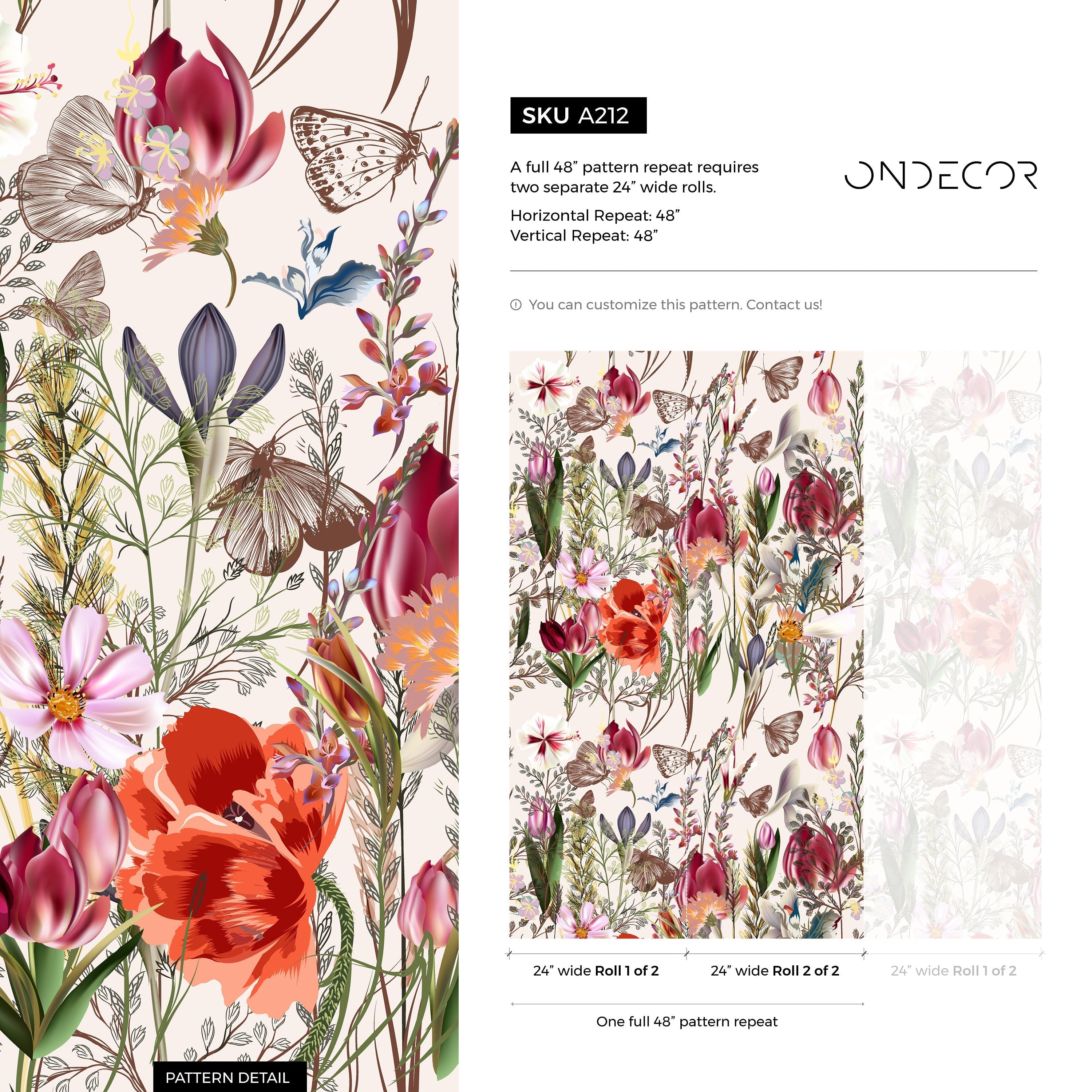 Botanical Wallpaper With Tulips, Poppies, And Butterflies In Red, Pink, And Purple - A212