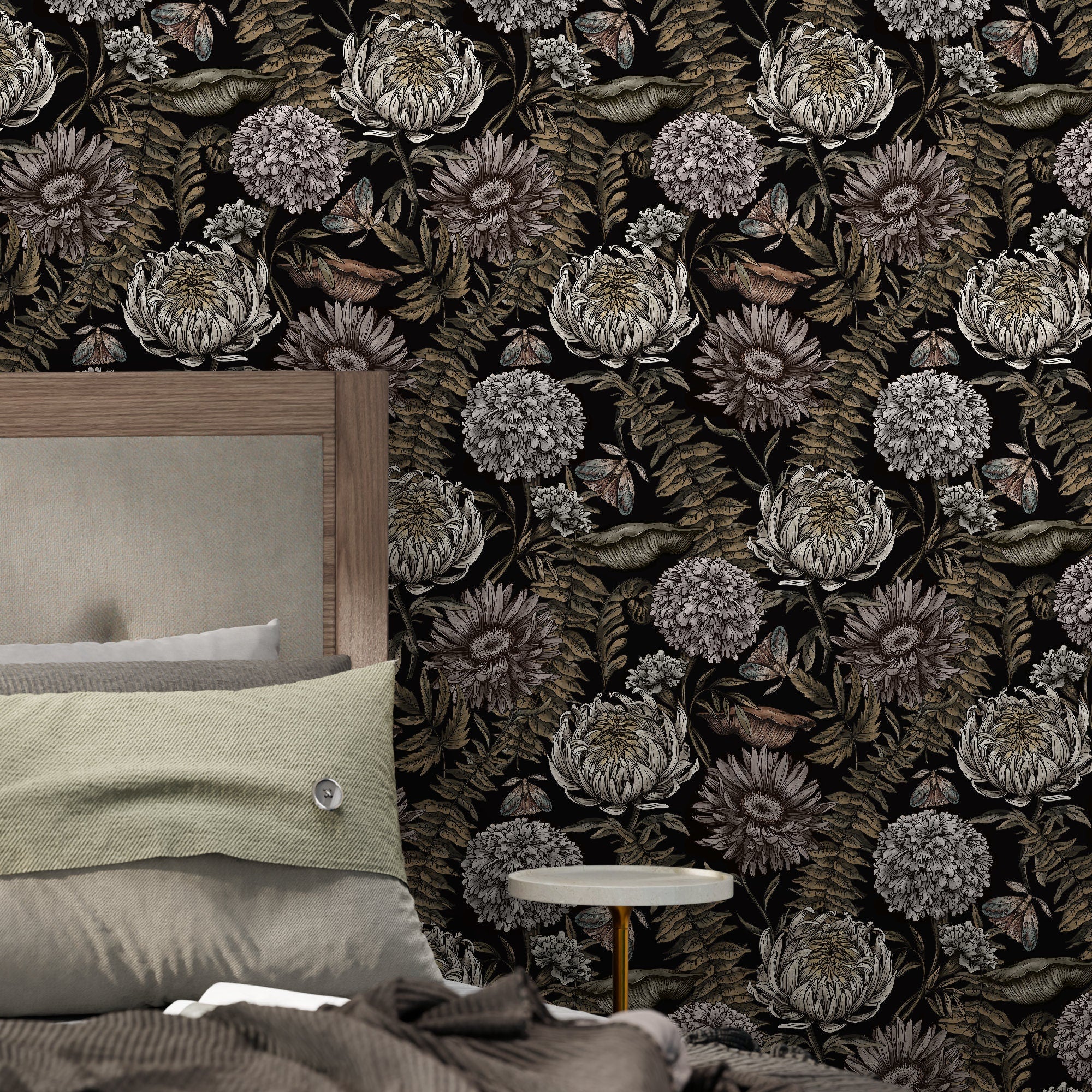 Floral Wallpaper With Vintage Peonies And Moths In Black, Beige, And Muted Green - D823