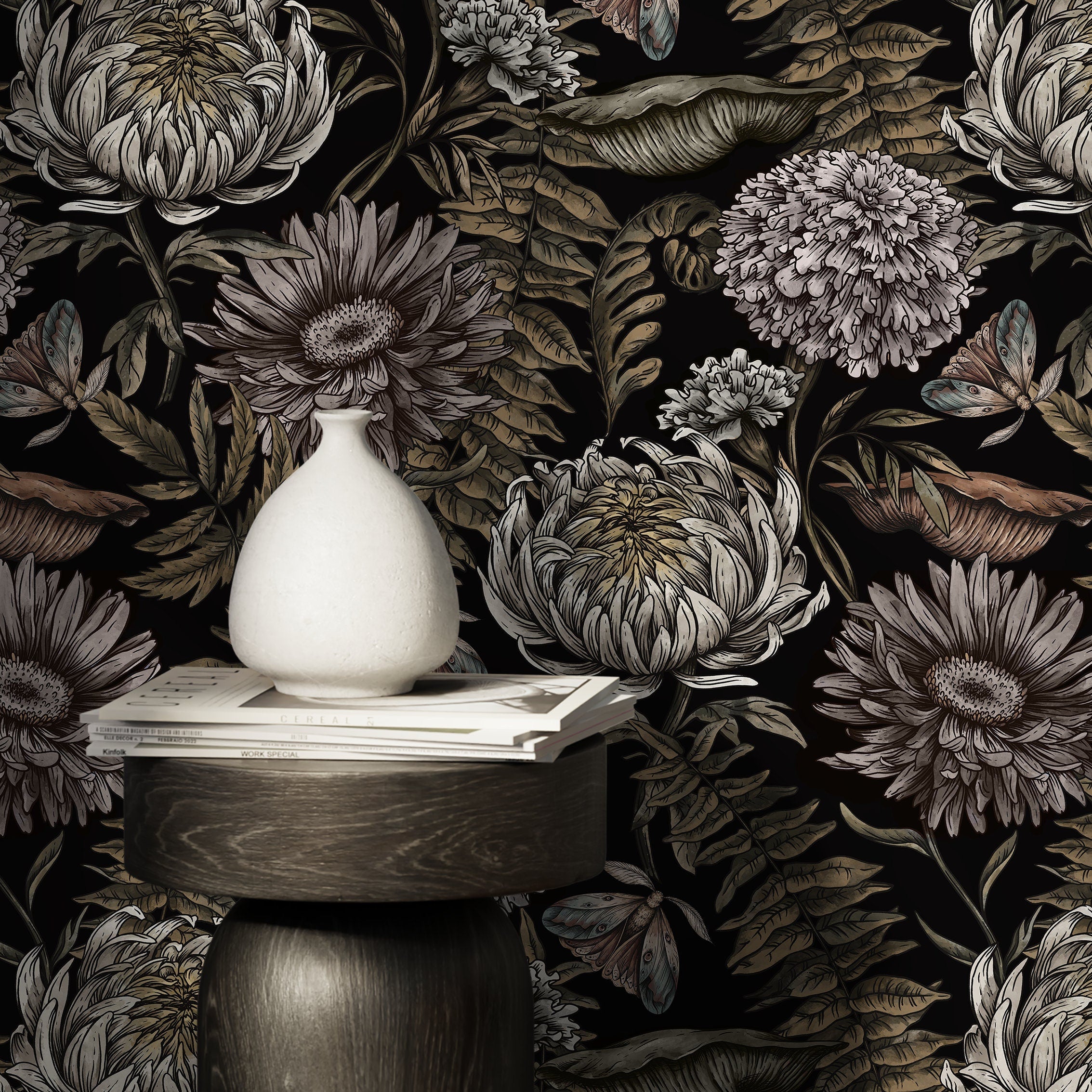 Floral Wallpaper With Vintage Peonies And Moths In Black, Beige, And Muted Green - D823