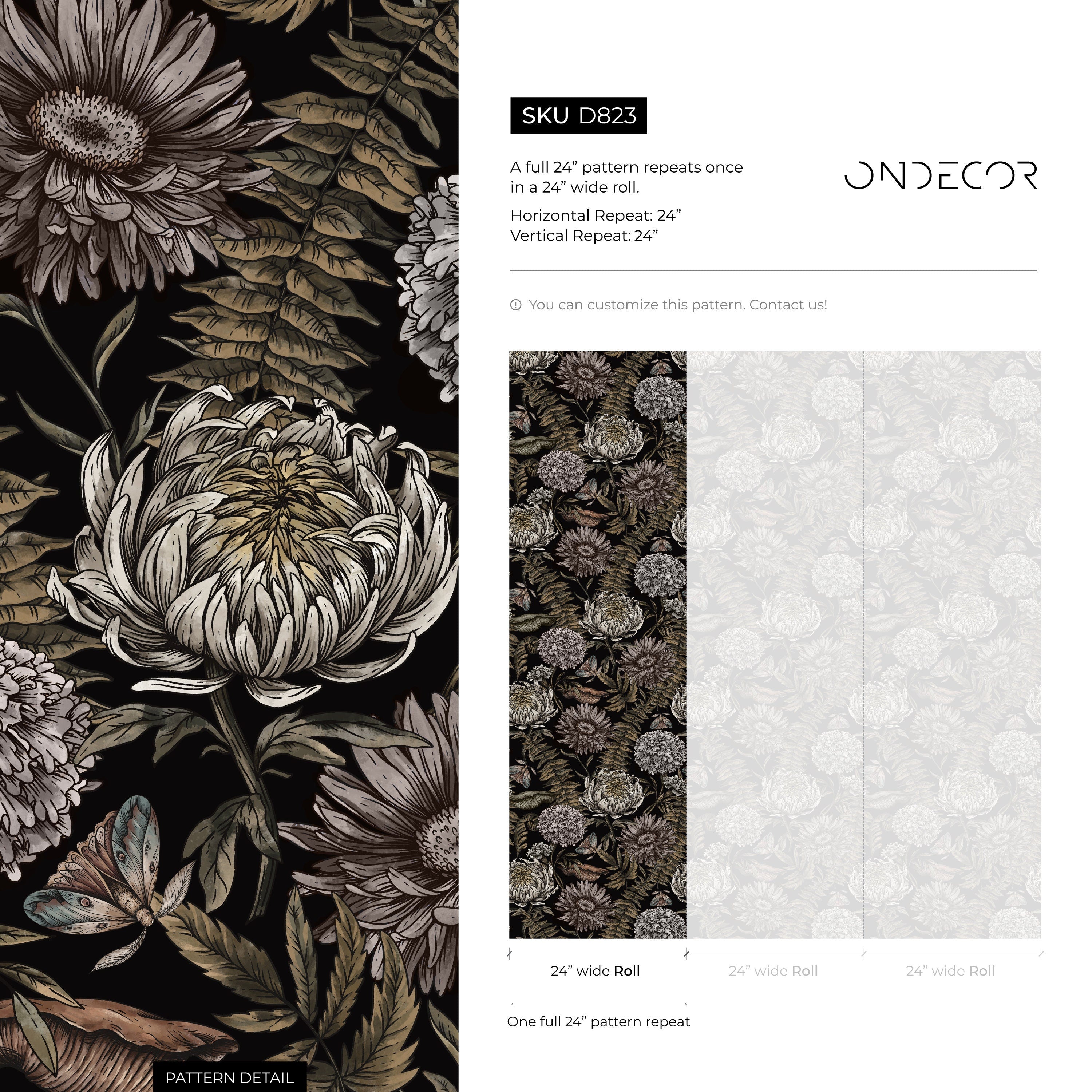 Floral Wallpaper With Vintage Peonies And Moths In Black, Beige, And Muted Green - D823