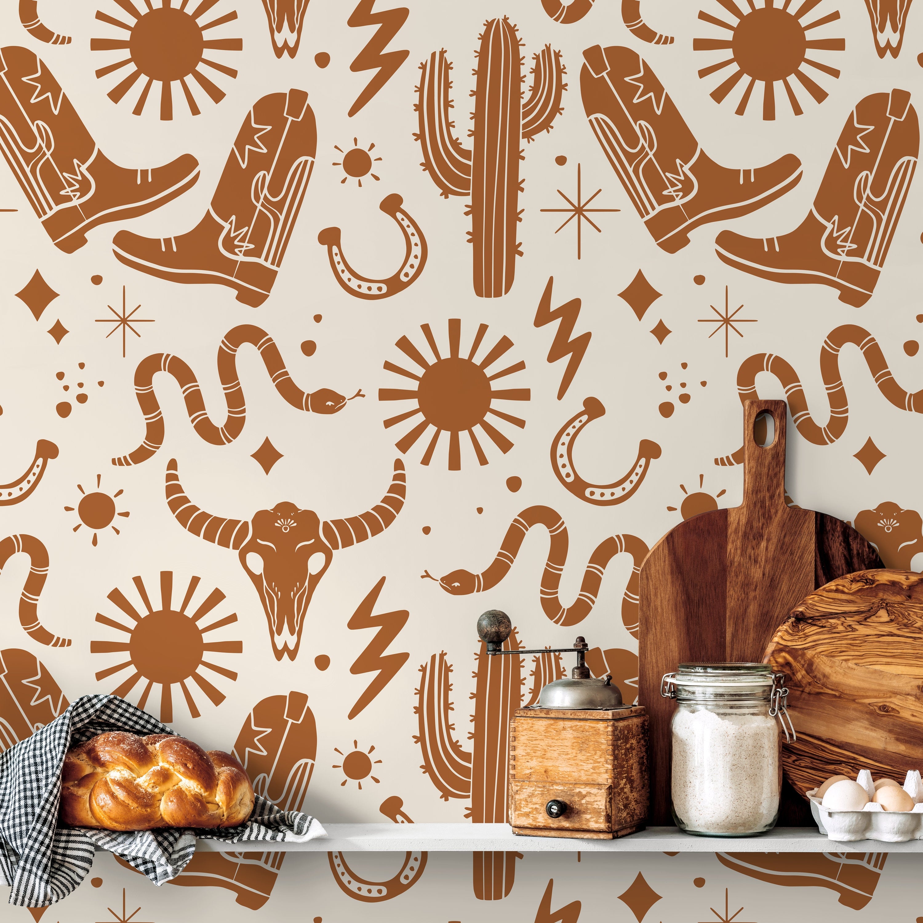Western Wallpaper With Cowboy And Desert Motifs In Brown - D825
