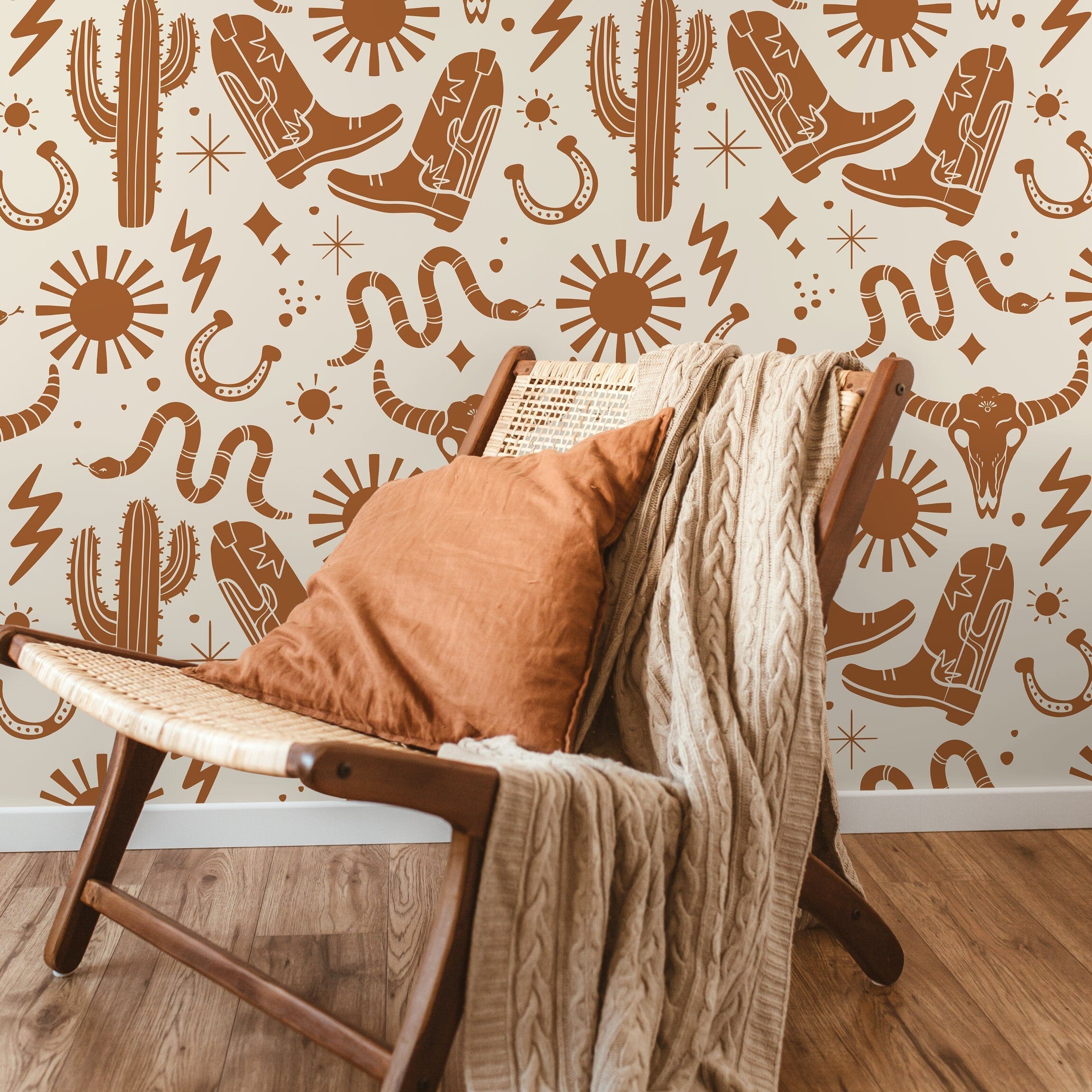 Western Wallpaper With Cowboy And Desert Motifs In Brown - D825