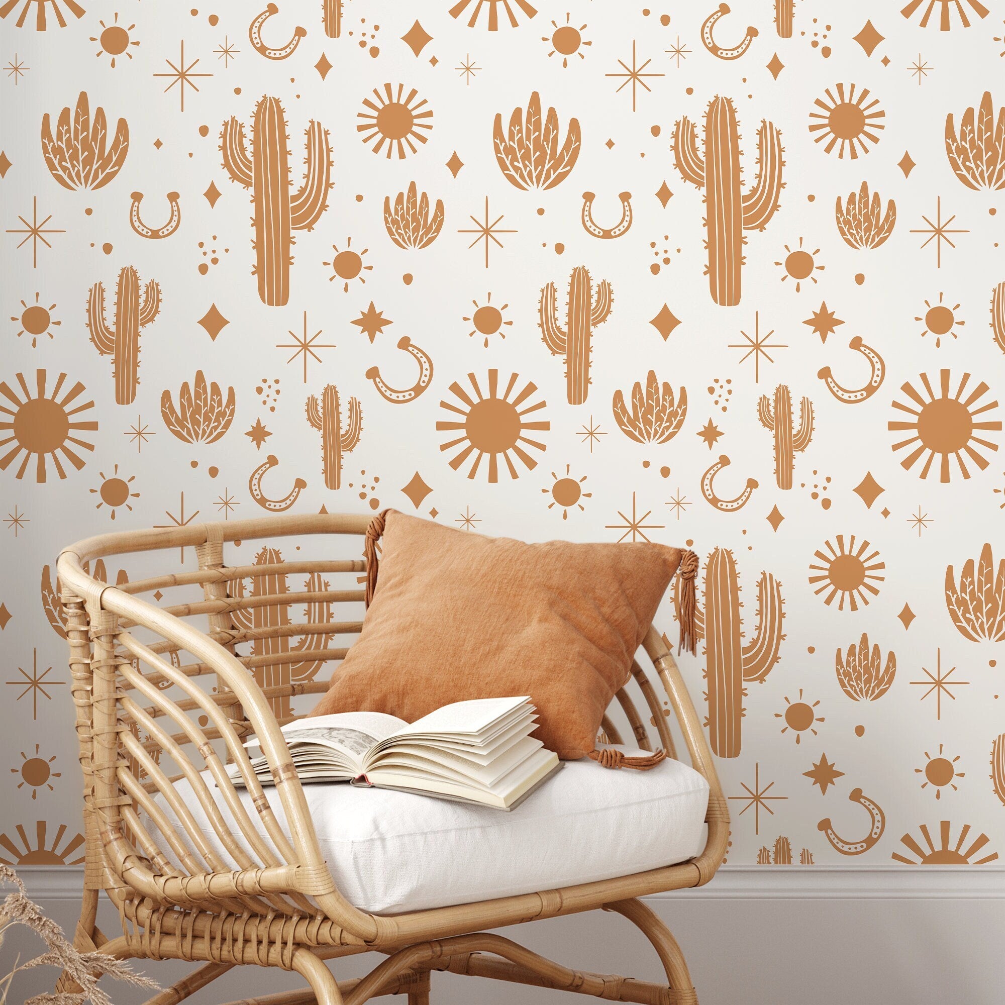Western Wallpaper With Cacti And Sun Motifs In Orange - D827