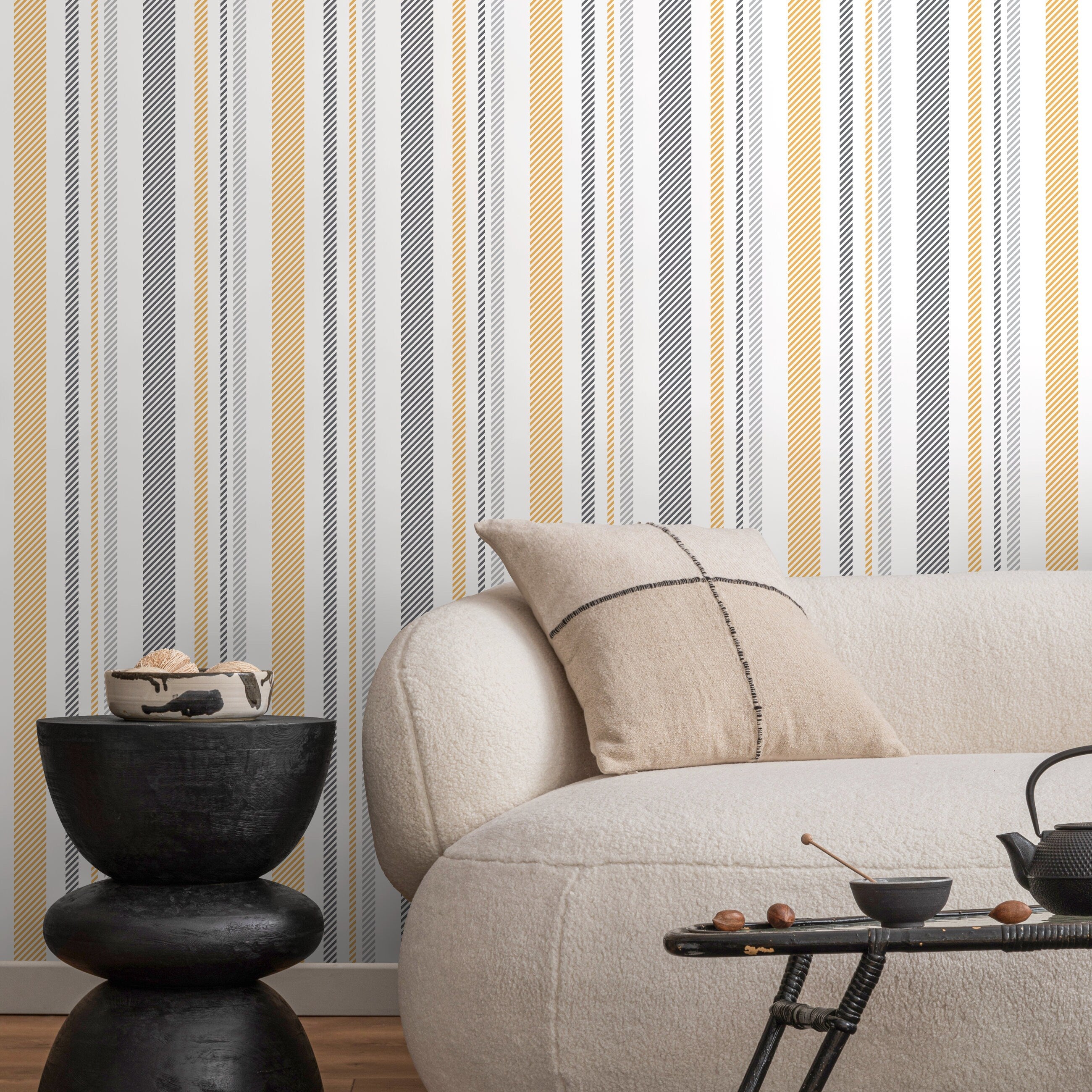 Striped Wallpaper Featuring Textured Stripes In Yellow And Grey - D843