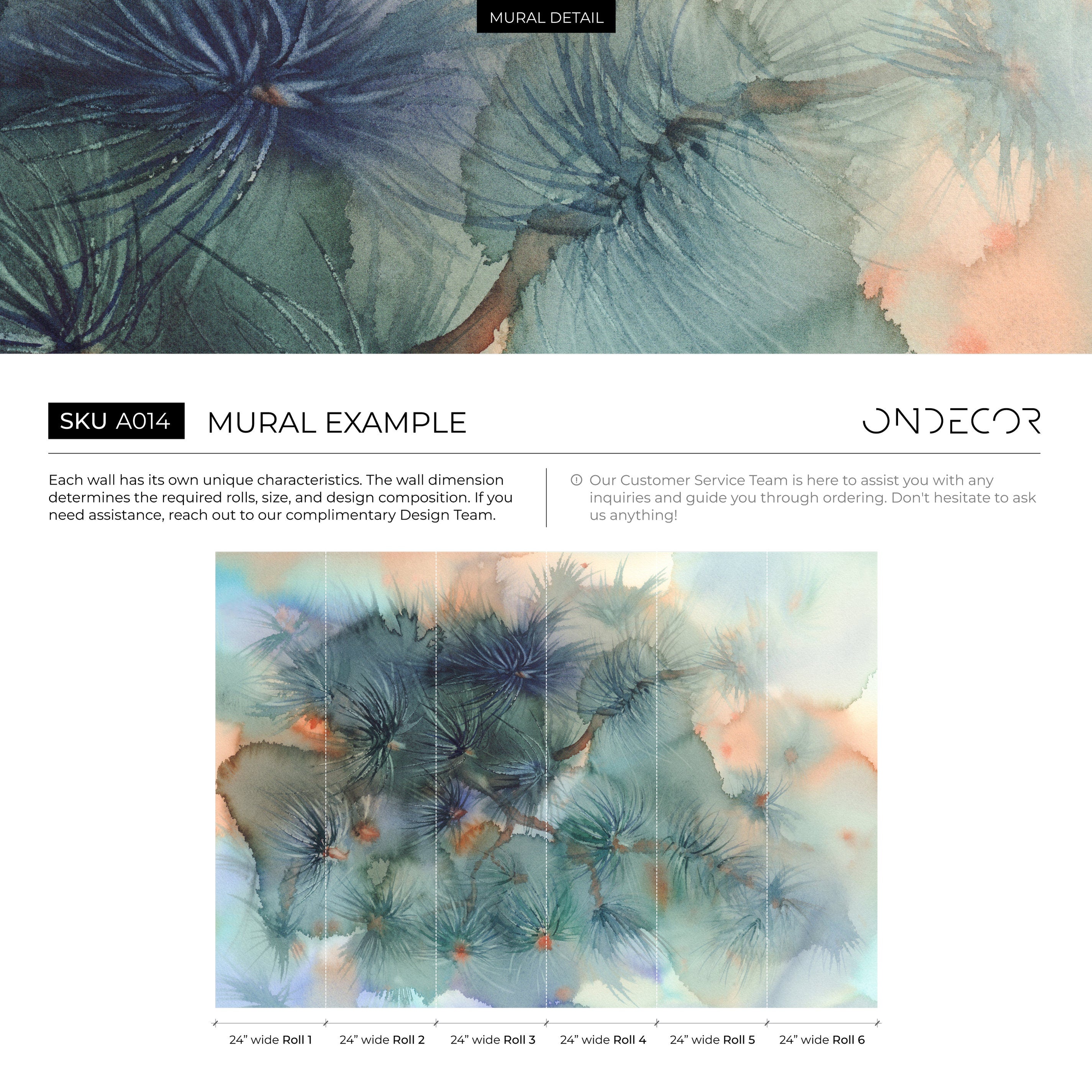 Botanical Wallpaper With A Watercolor Pine Motif In Teal, Green, And Orange - A014