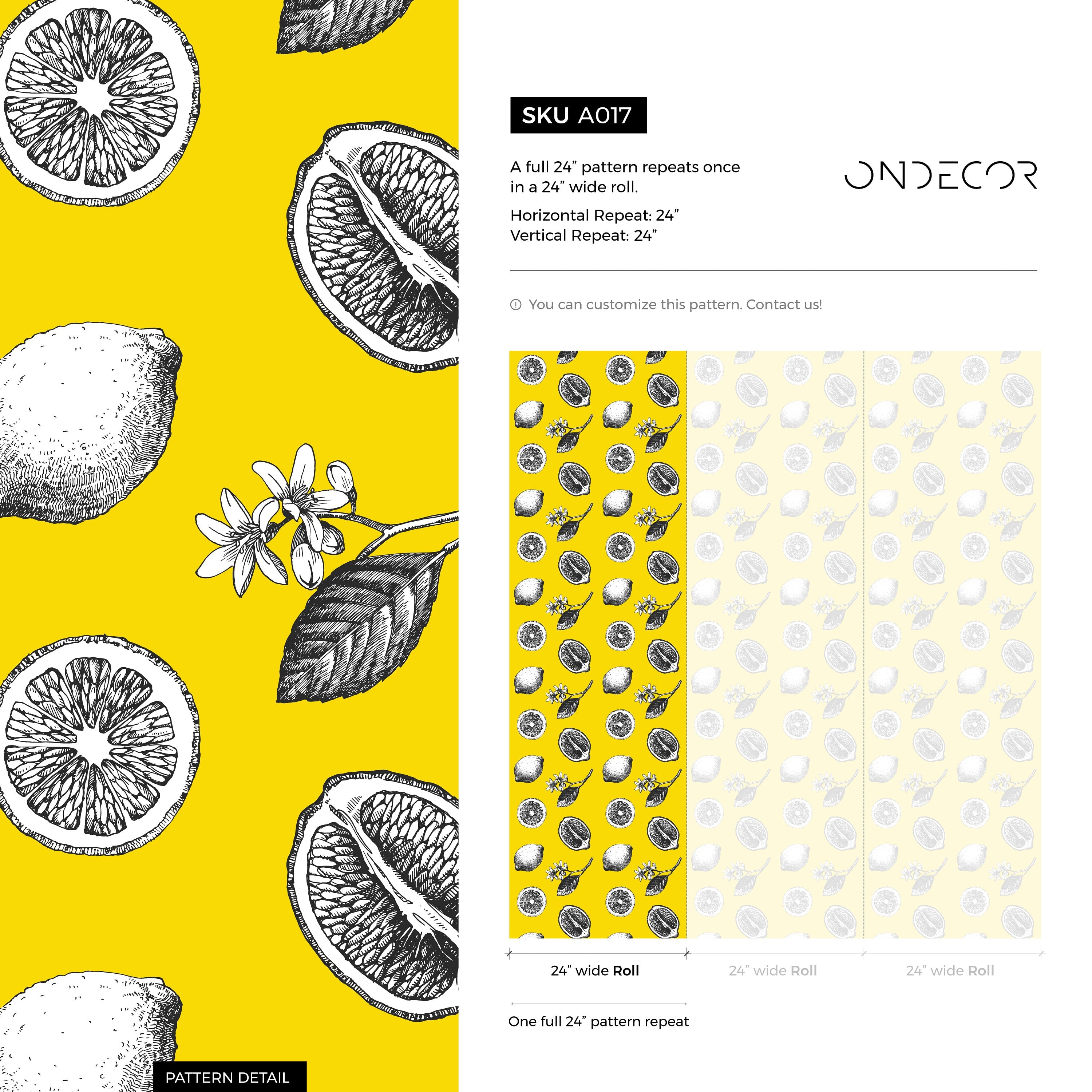 Botanical Wallpaper With Vintage Lemon Sketches In Yellow, Black, And White - A017