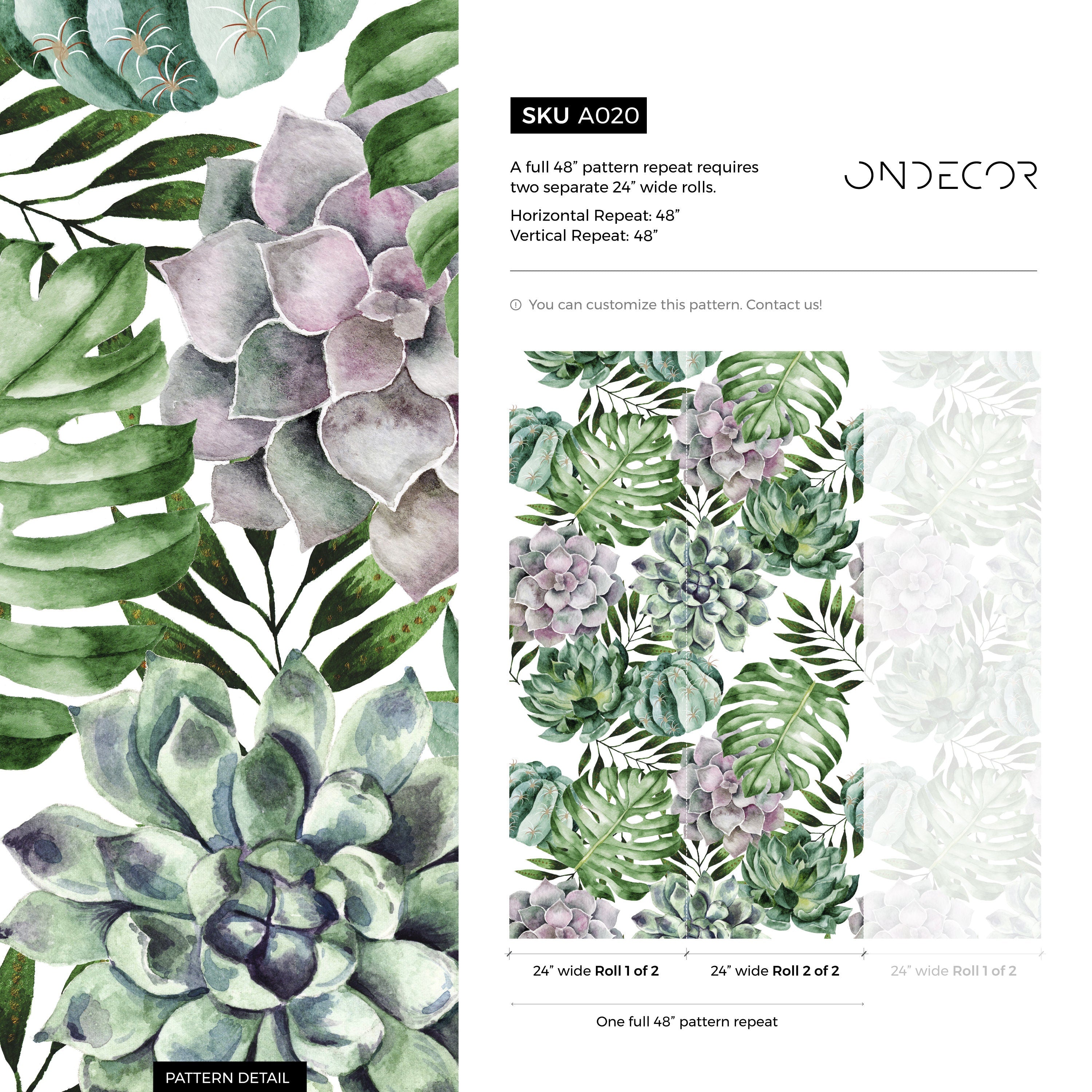 Botanical Wallpaper With Watercolor Succulents And Monstera In Green And Purple - A020