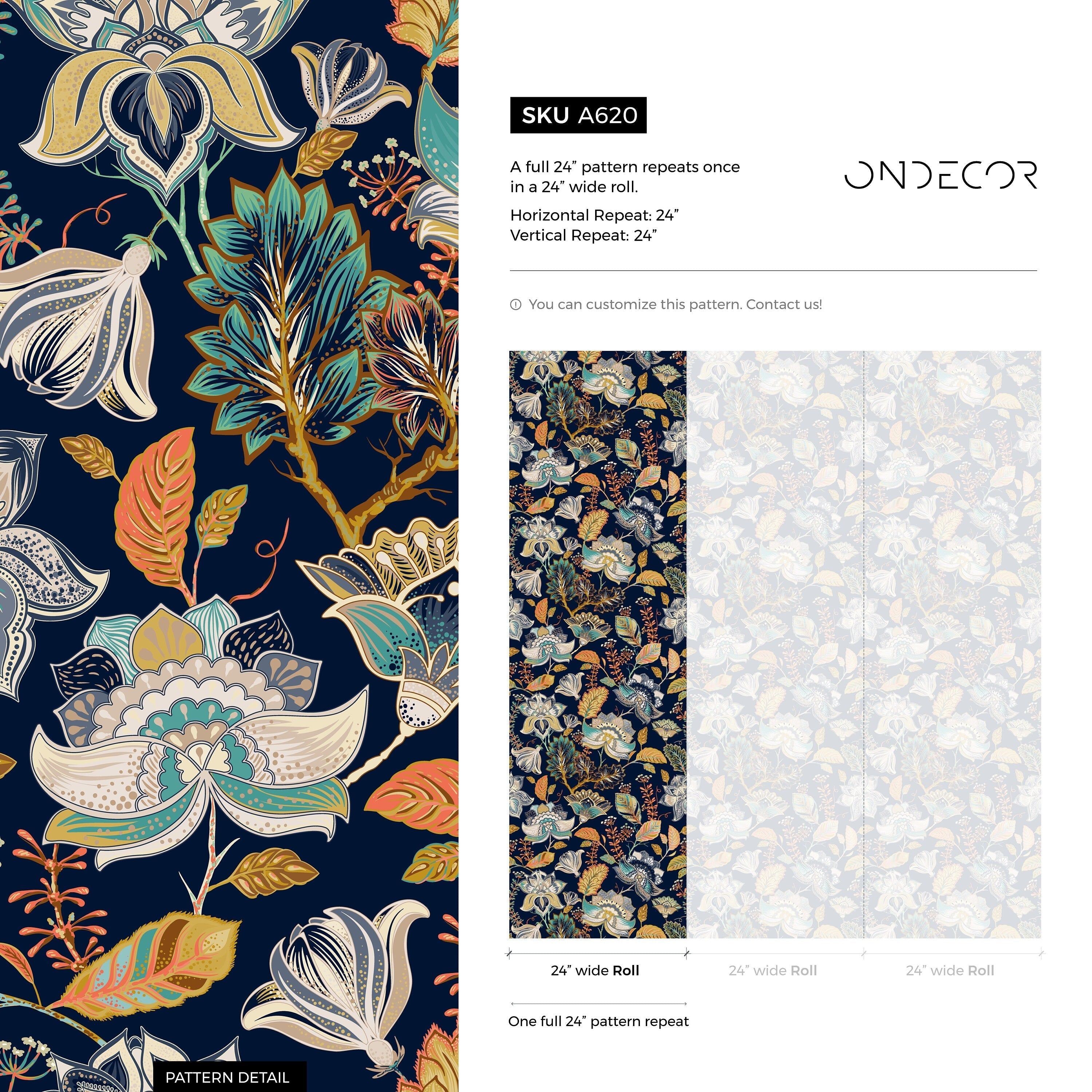 Floral Wallpaper With A Stylized Folk Art Motif In Navy Blue, Orange, And Teal - A620