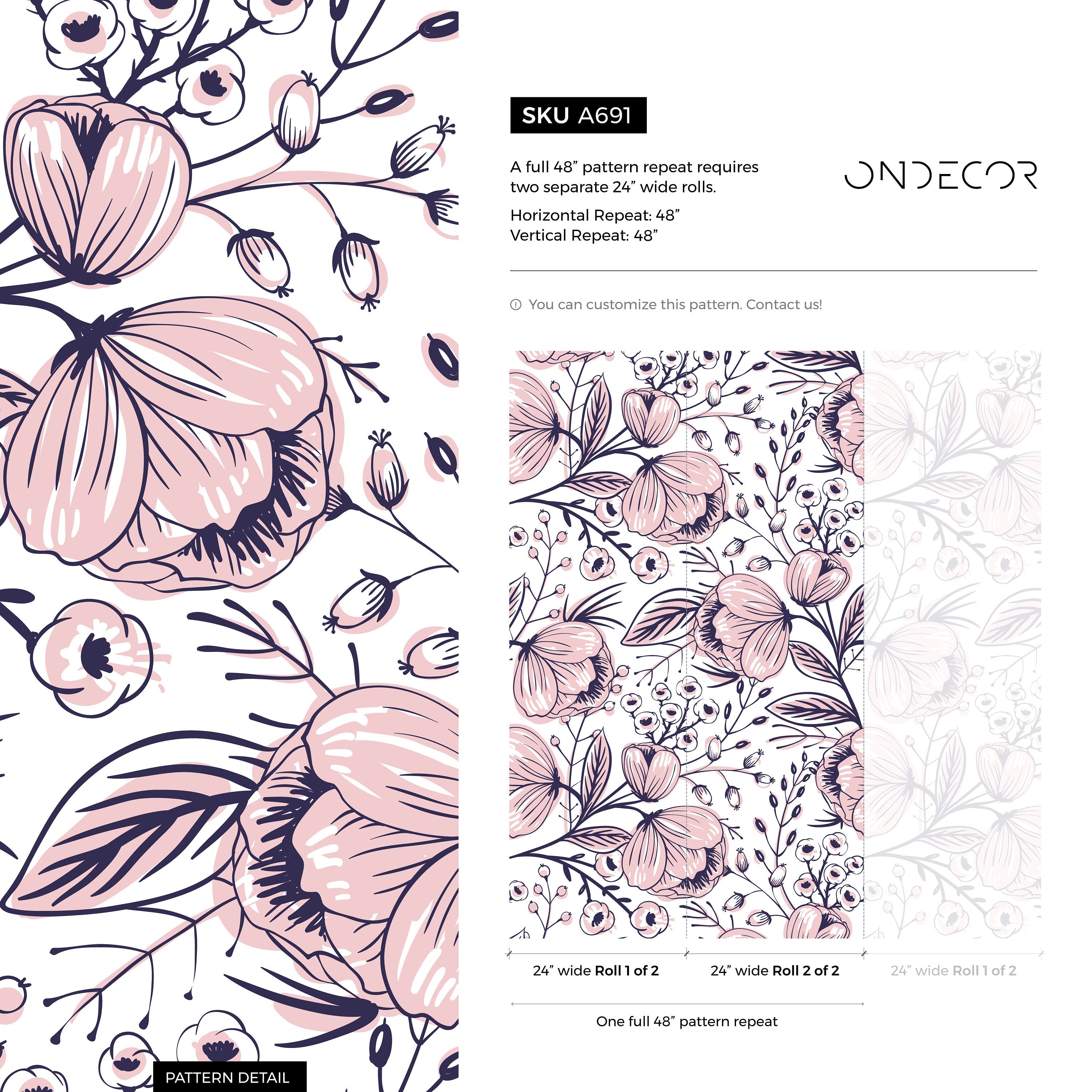 Floral Wallpaper Featuring Stylized Hand-drawn Blooms In Pink And Navy Blue - A691